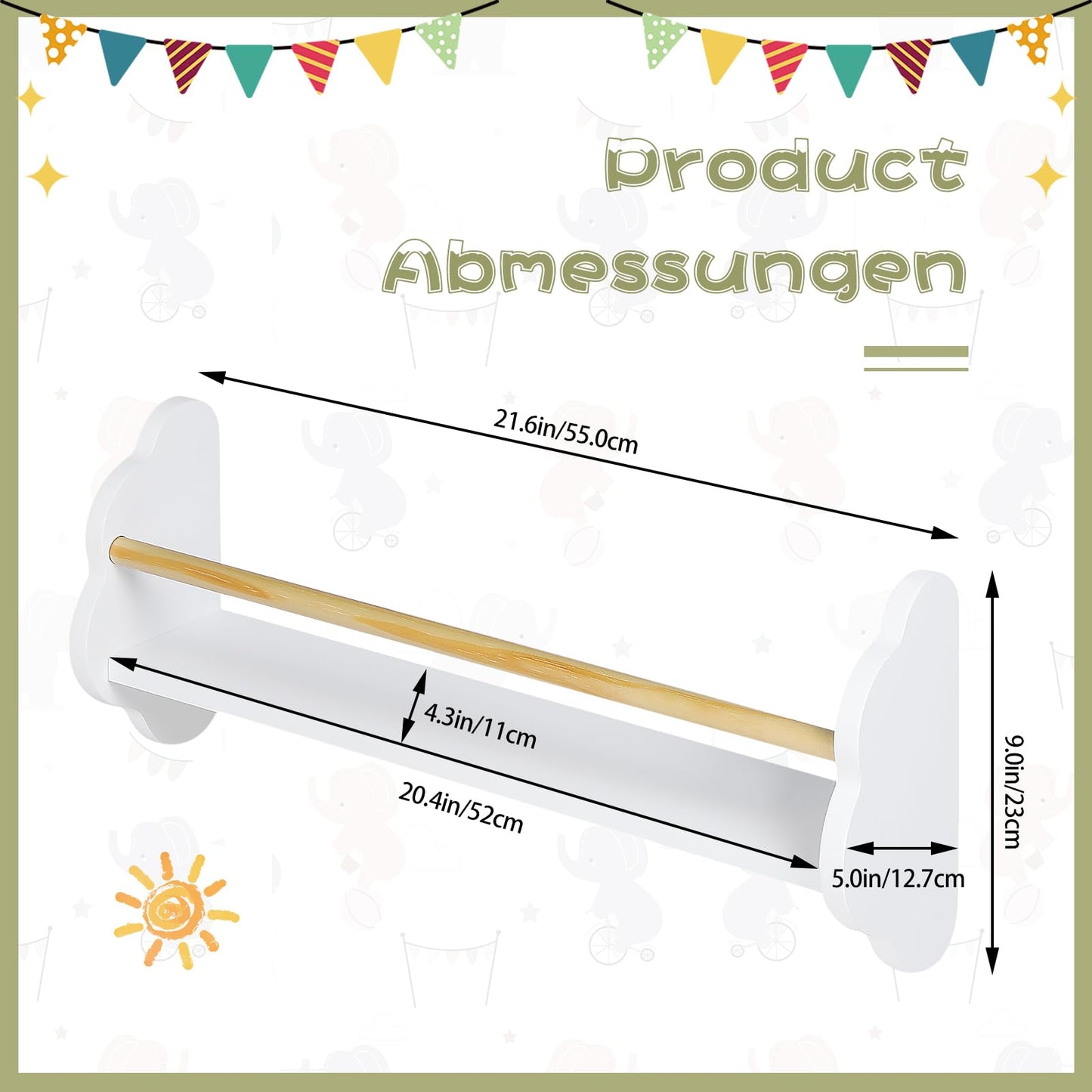 WOLTU kinder wand boekenplank set 3 delig - wolk vorm - wit MDF met grenen stang - 3 open vakken