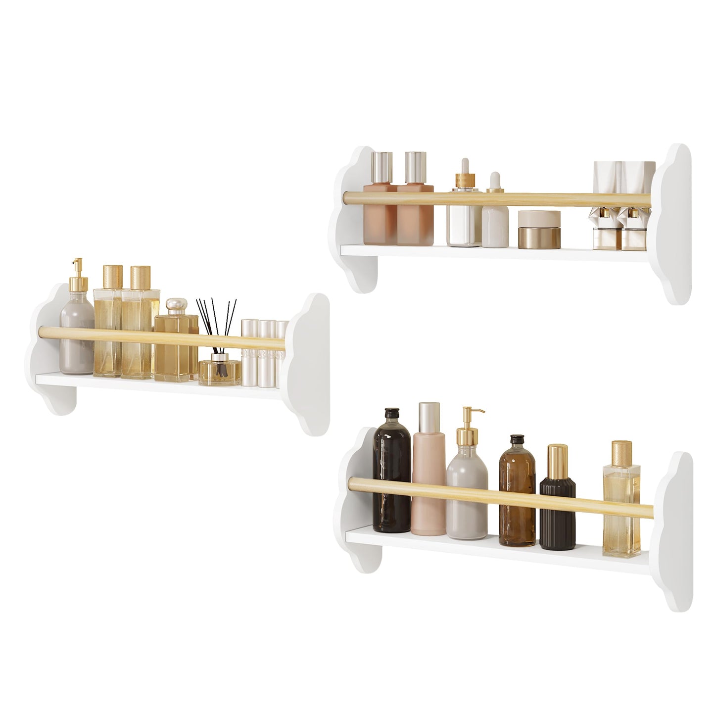 WOLTU kinder wand boekenplank set 3 delig - wolk vorm - wit MDF met grenen stang - 3 open vakken