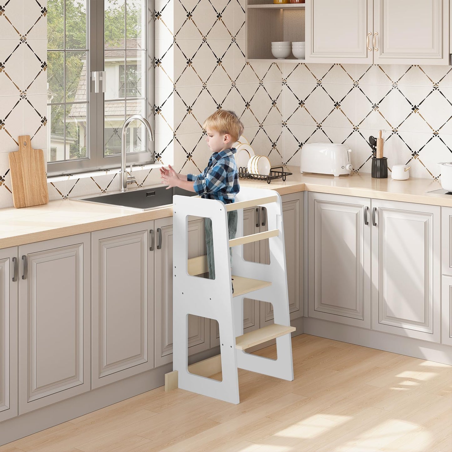 WOLTU Montessori leertoren - keukentoren voor kinderen vanaf 1 jaar - met valbeveiliging - MDF en massief hout - wit en houtkleur