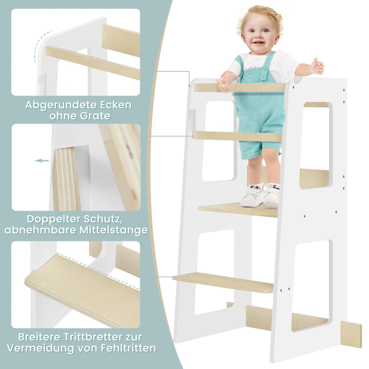 WOLTU Montessori leertoren - keukentoren voor kinderen vanaf 1 jaar - met valbeveiliging - MDF en massief hout - wit en houtkleur