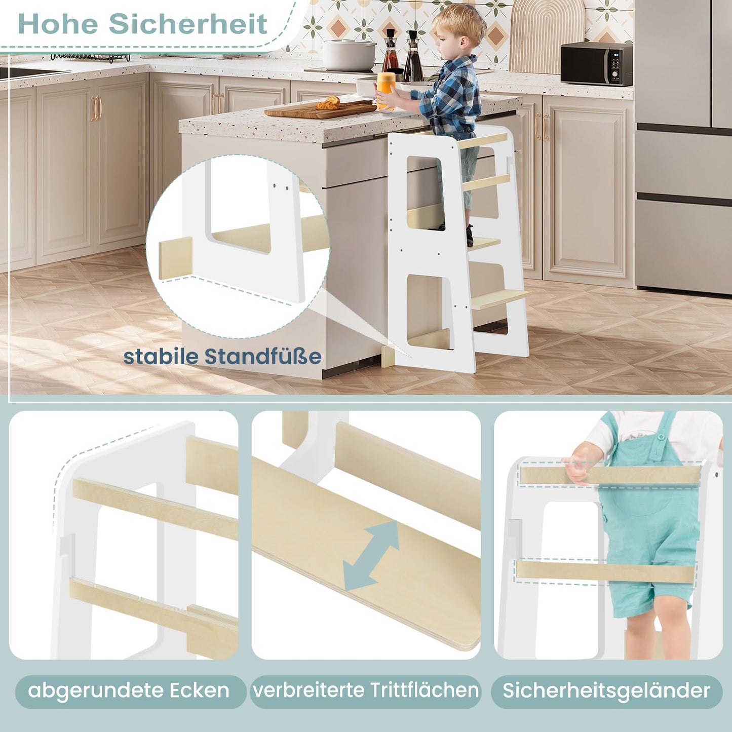 WOLTU Montessori leertoren - keukentoren voor kinderen vanaf 1 jaar - met valbeveiliging - MDF en massief hout - wit en houtkleur
