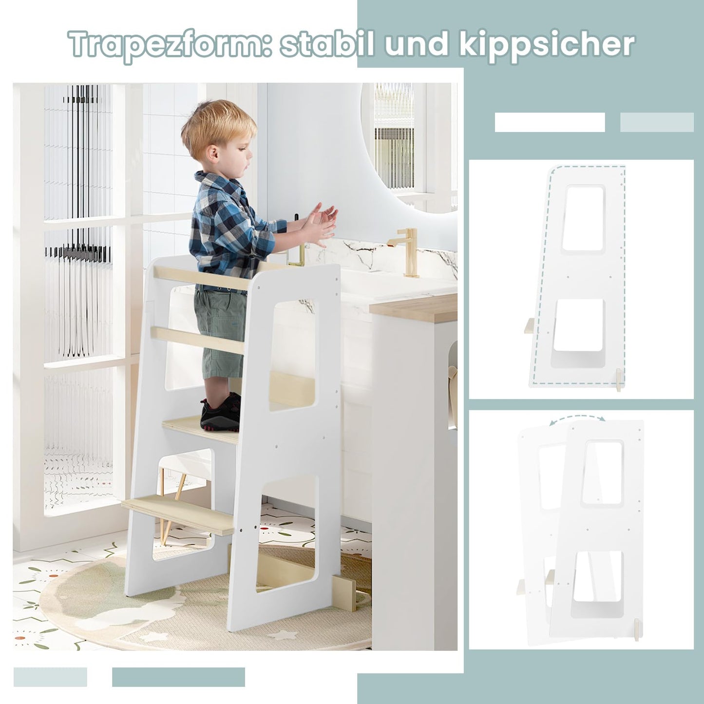 WOLTU Montessori leertoren - keukentoren voor kinderen vanaf 1 jaar - met valbeveiliging - MDF en massief hout - wit en houtkleur