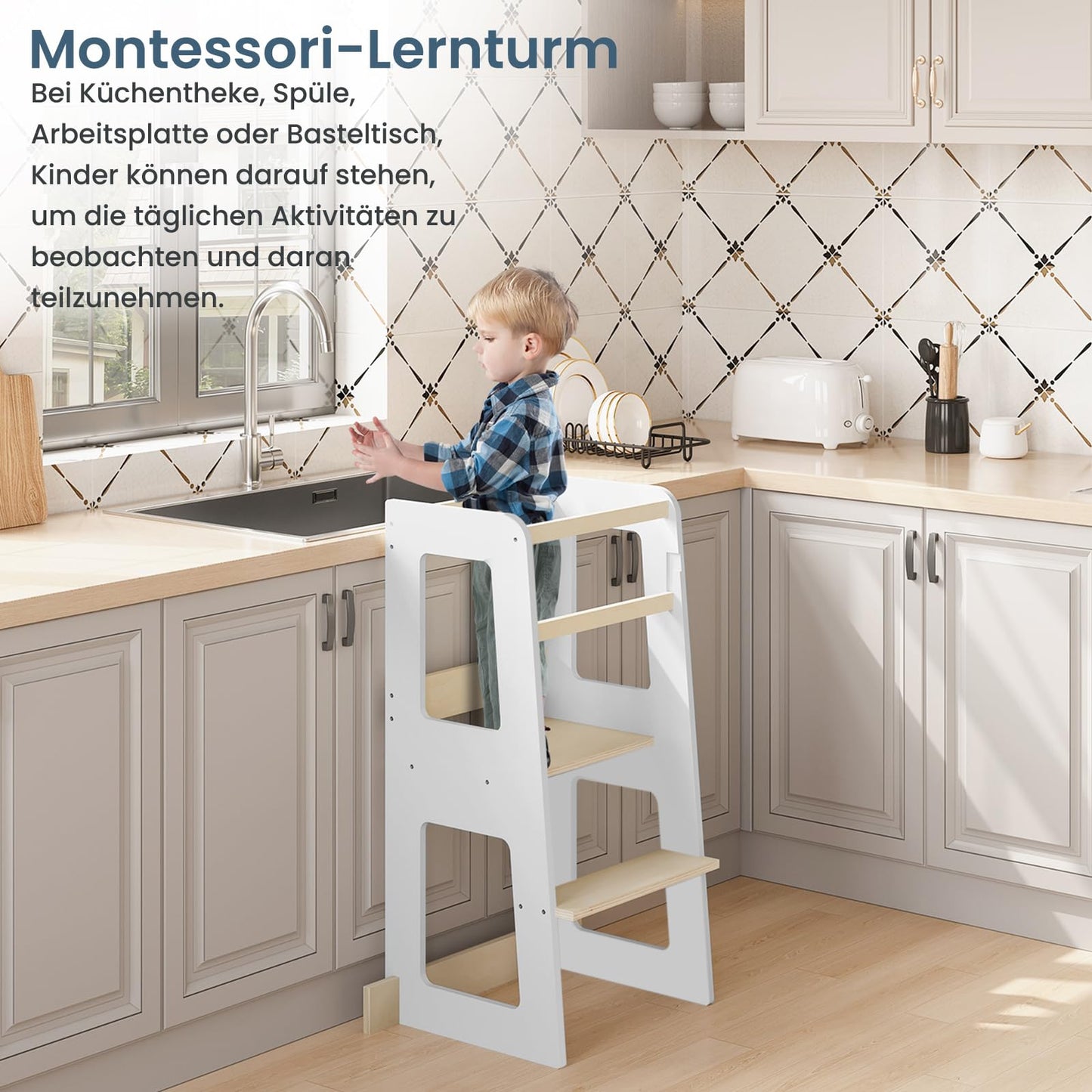 WOLTU Montessori leertoren - keukentoren voor kinderen vanaf 1 jaar - met valbeveiliging - MDF en massief hout - wit en houtkleur