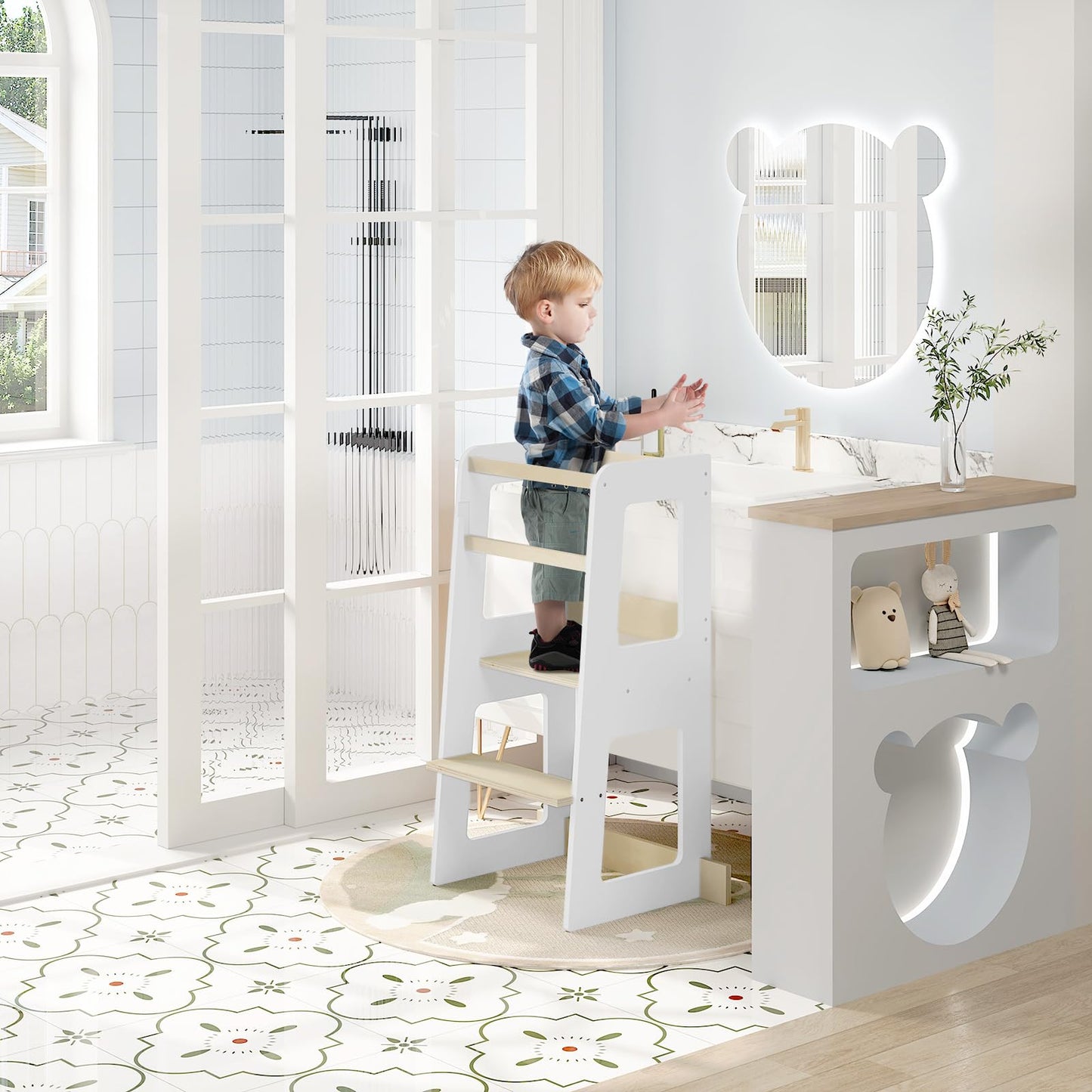 WOLTU Montessori leertoren - keukentoren voor kinderen vanaf 1 jaar - met valbeveiliging - MDF en massief hout - wit en houtkleur