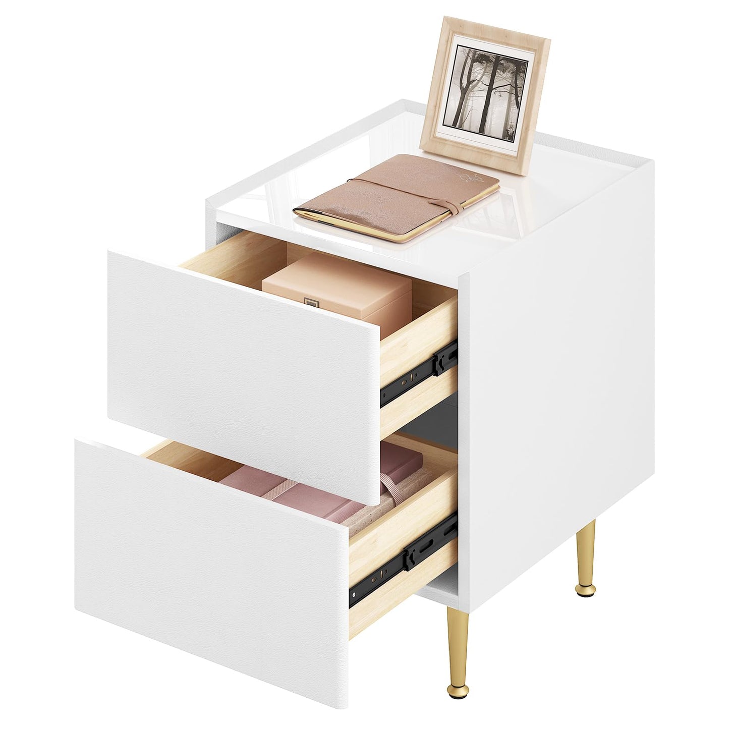 WOLTU NTS10ws03 nachtkastje - 2 lades - hoogglans wit met goud - 35 x 40 x 51 cm - hout pvc en metaal