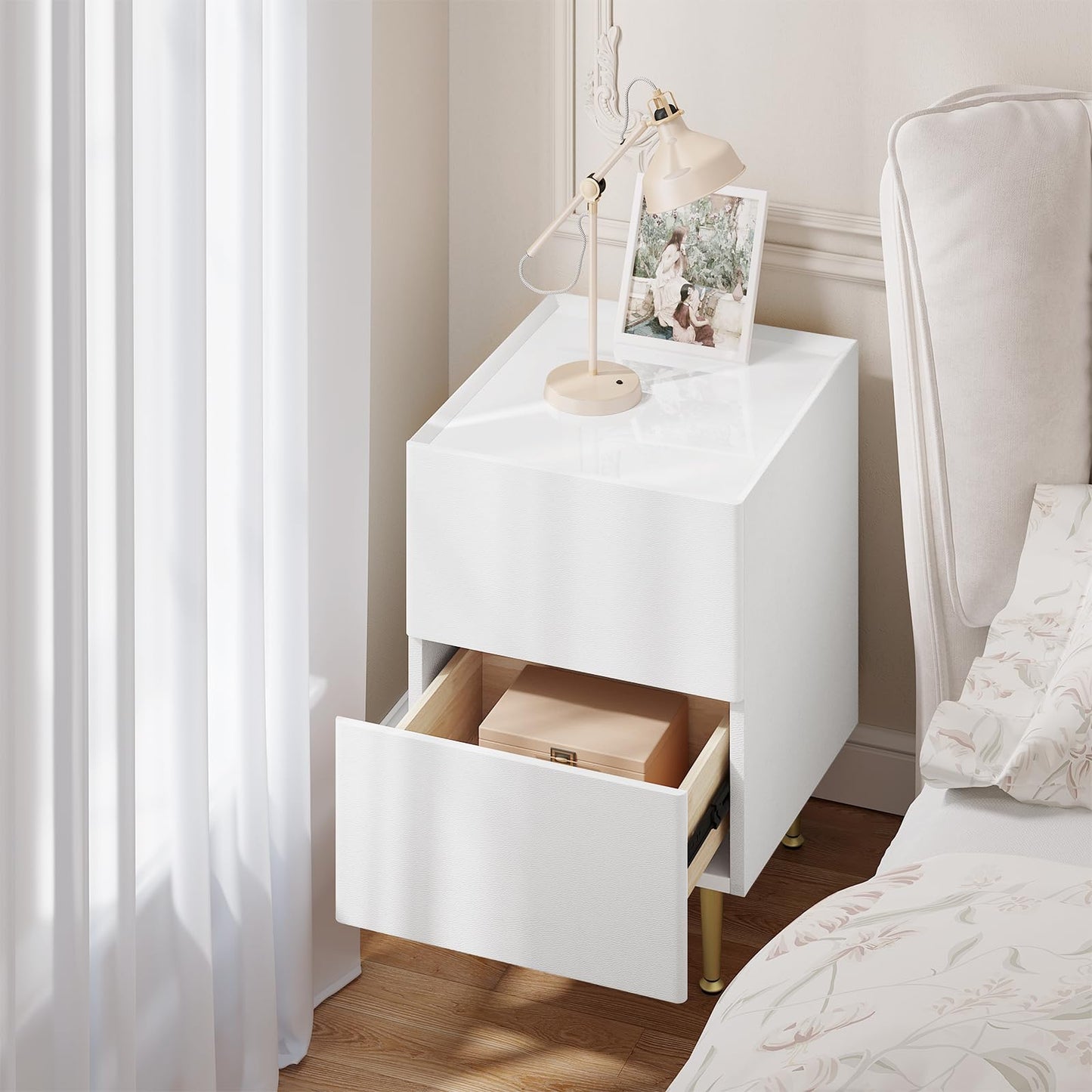 WOLTU NTS10ws03 nachtkastje - 2 lades - hoogglans wit met goud - 35 x 40 x 51 cm - hout pvc en metaal