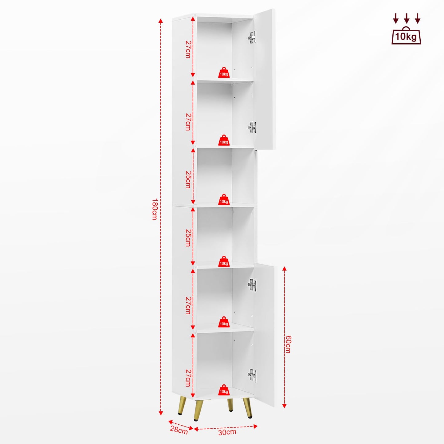 ESituro Hoge badkamerkast - 2 deuren en 2 open vakken - verstelbare planken - wit hoogglans - 30 x 180 x 28 cm