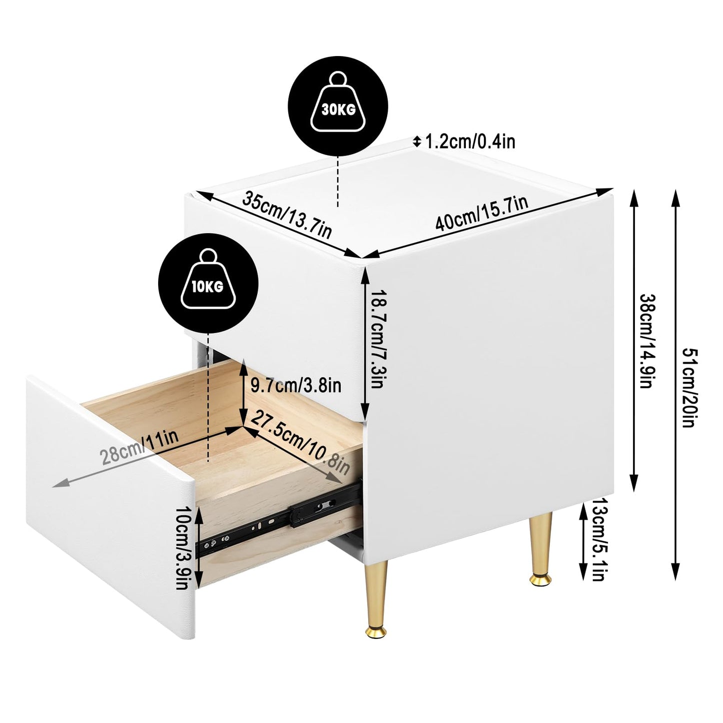 WOLTU NTS10ws03 nachtkastje - 2 lades - hoogglans wit met goud - 35 x 40 x 51 cm - hout pvc en metaal