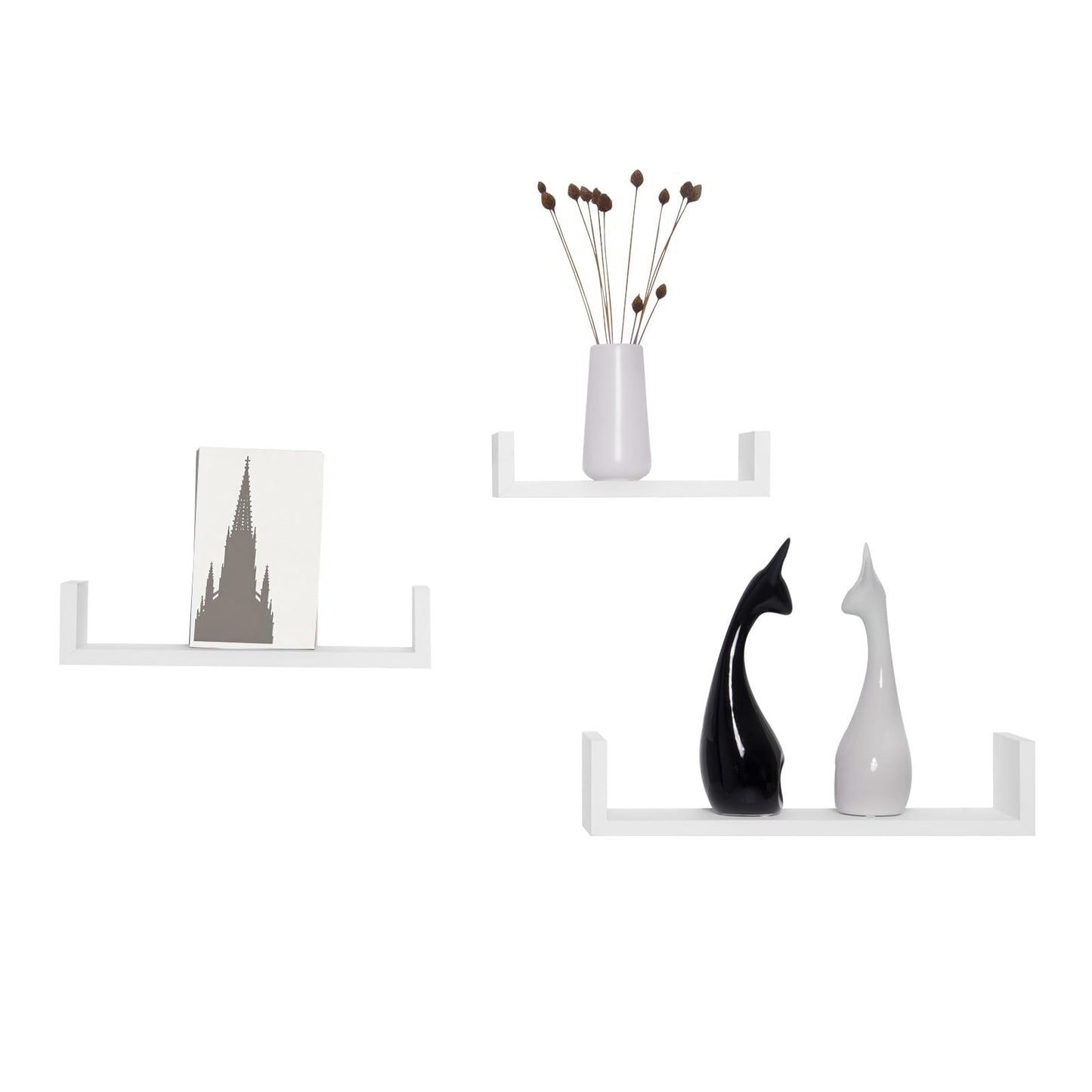 WOLTU RG9311ws wandplank set - 3 delig U vorm - wit - retro hangende wandplanken voor cd dvd en boeken