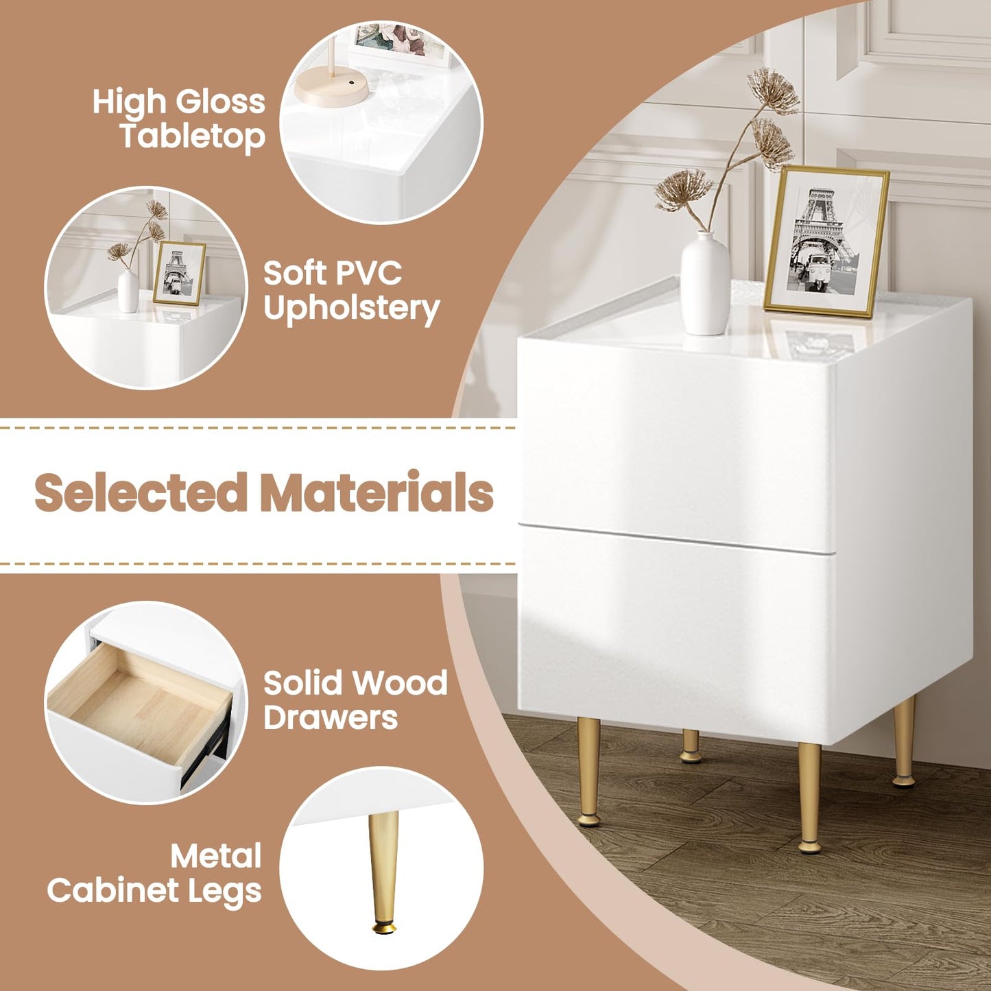 WOLTU NTS10ws03 nachtkastje - 2 lades - hoogglans wit met goud - 35 x 40 x 51 cm - hout pvc en metaal