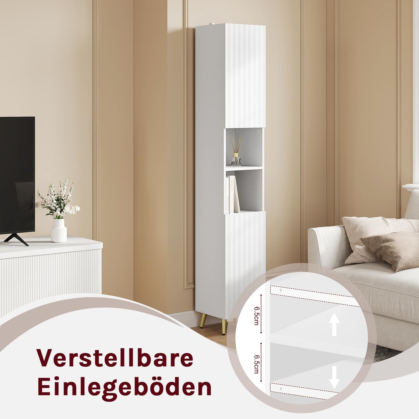 ESituro Hoge badkamerkast - 2 deuren en 2 open vakken - verstelbare planken - wit hoogglans - 30 x 180 x 28 cm