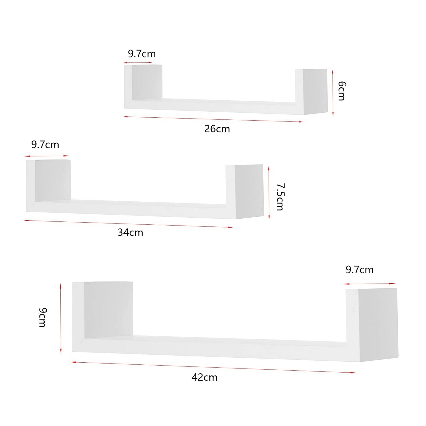 WOLTU RG9311ws wandplank set - 3 delig U vorm - wit - retro hangende wandplanken voor cd dvd en boeken