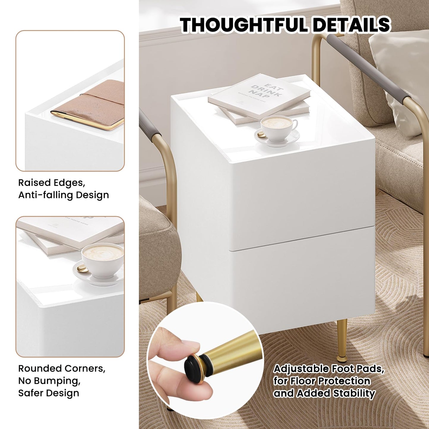 WOLTU NTS10ws03 nachtkastje - 2 lades - hoogglans wit met goud - 35 x 40 x 51 cm - hout pvc en metaal