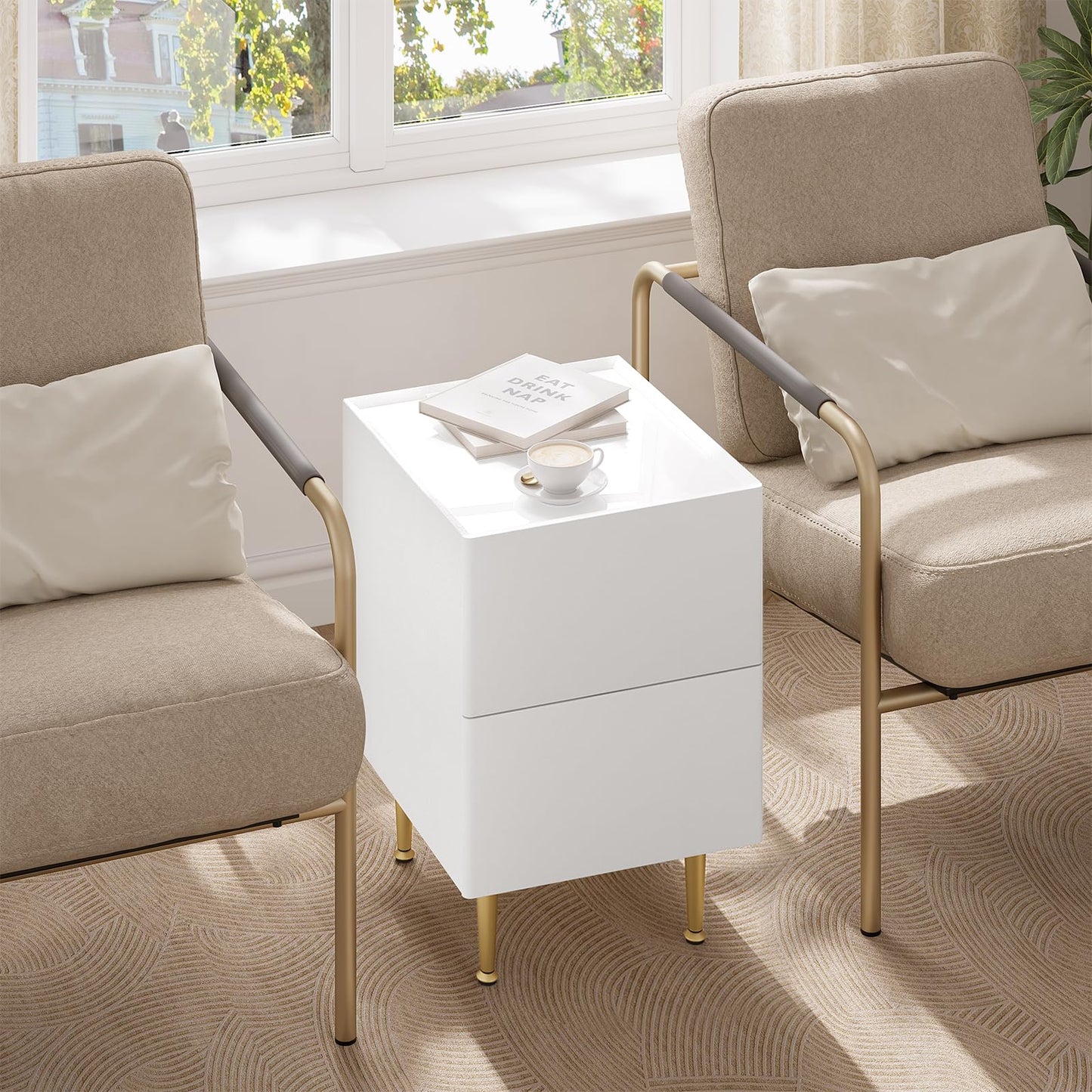 WOLTU NTS10ws03 nachtkastje - 2 lades - hoogglans wit met goud - 35 x 40 x 51 cm - hout pvc en metaal