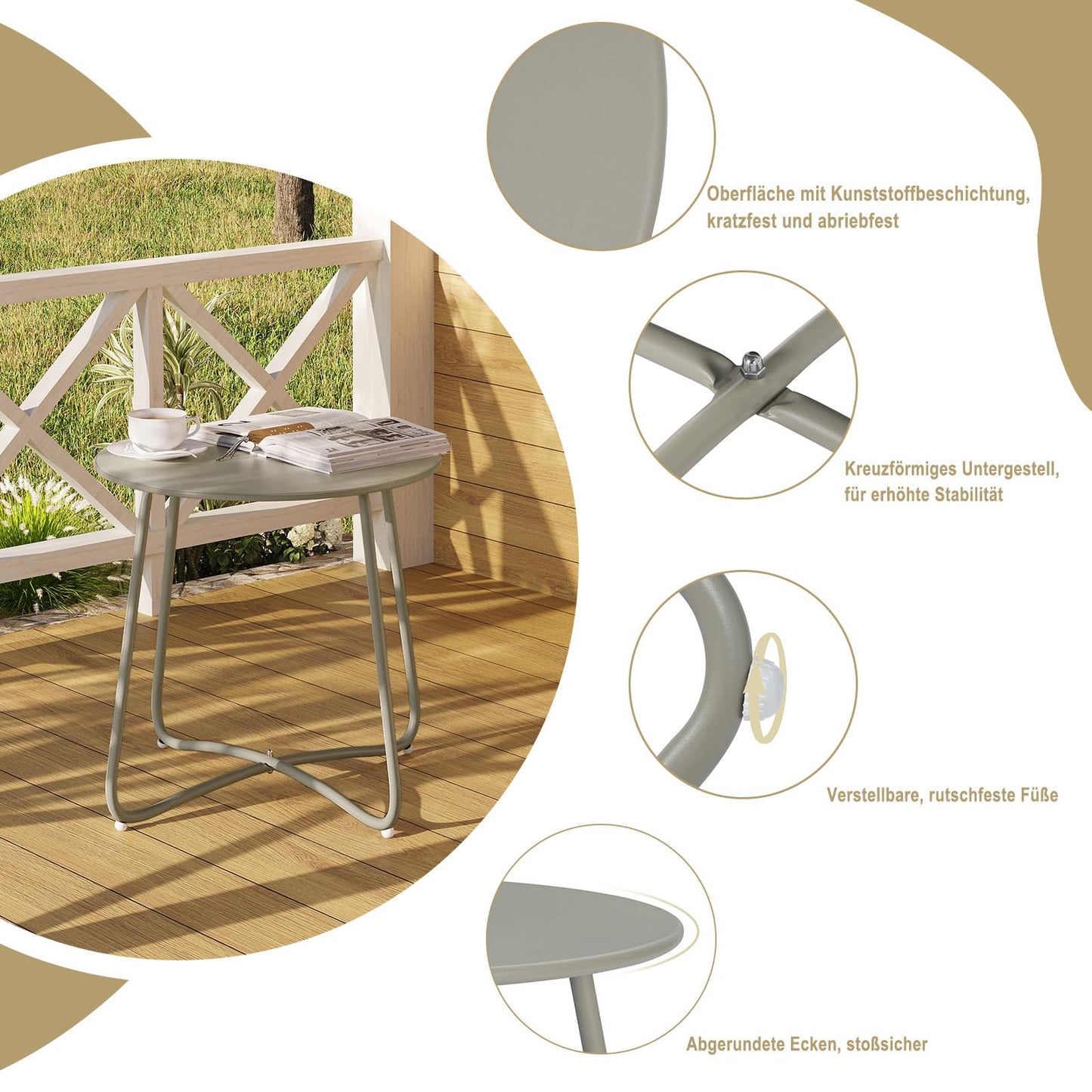 eSituro ronde bijzettafel - metalen balkon en tuin tafel - grijs - diameter 45 cm - verstelbare voetdopjes