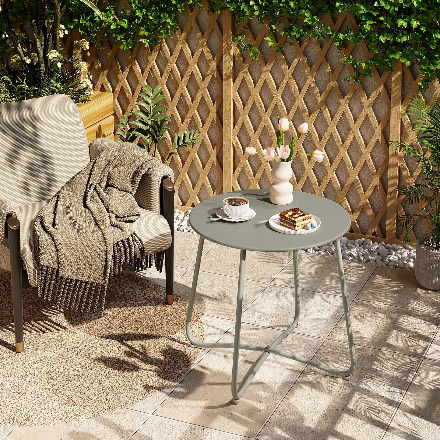 eSituro ronde bijzettafel - metalen balkon en tuin tafel - grijs - diameter 45 cm - verstelbare voetdopjes