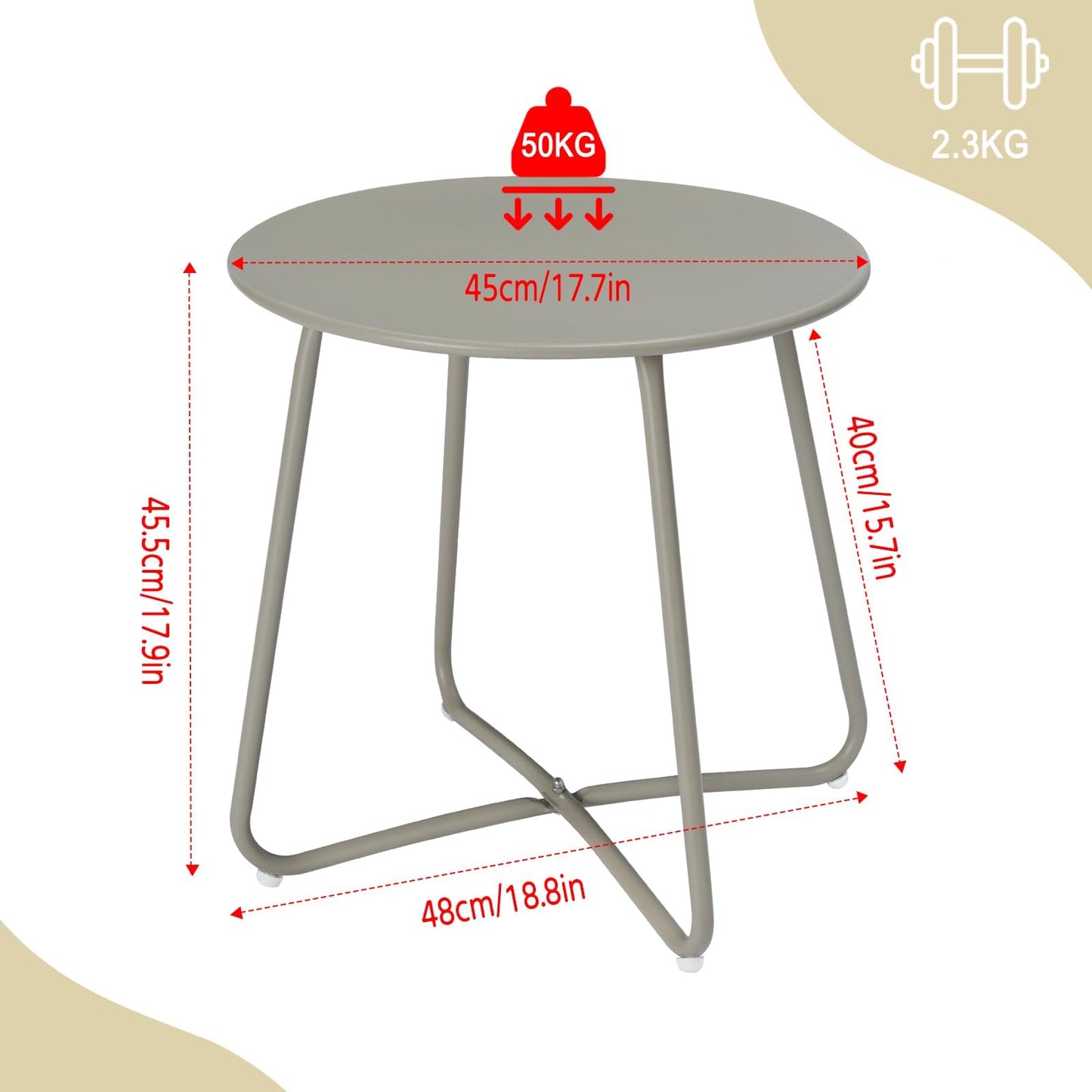 eSituro ronde bijzettafel - metalen balkon en tuin tafel - grijs - diameter 45 cm - verstelbare voetdopjes