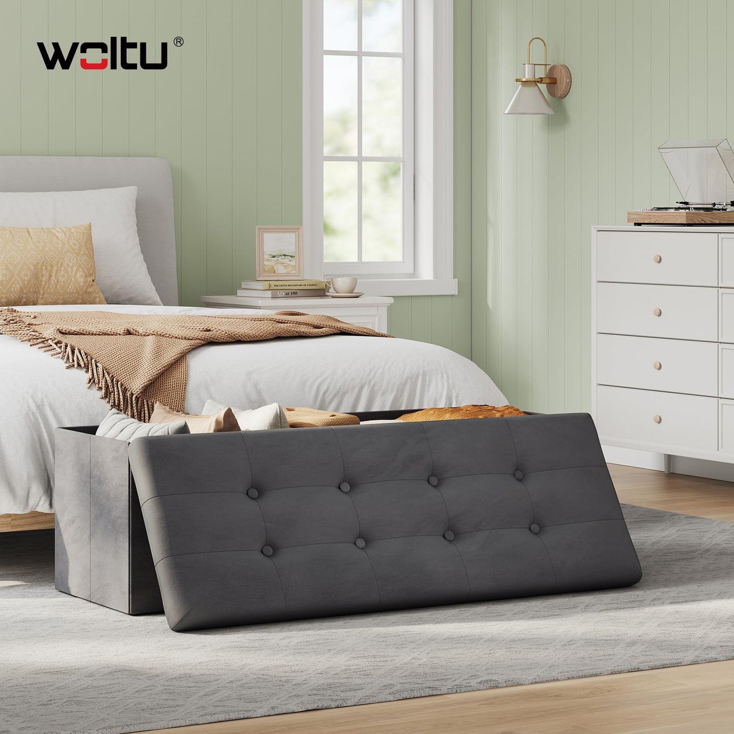 WOLTU opberg bank - 110 cm - 118 L opberg ruimte - inklapbaar - fluweel grijs - draagkracht 300 kg