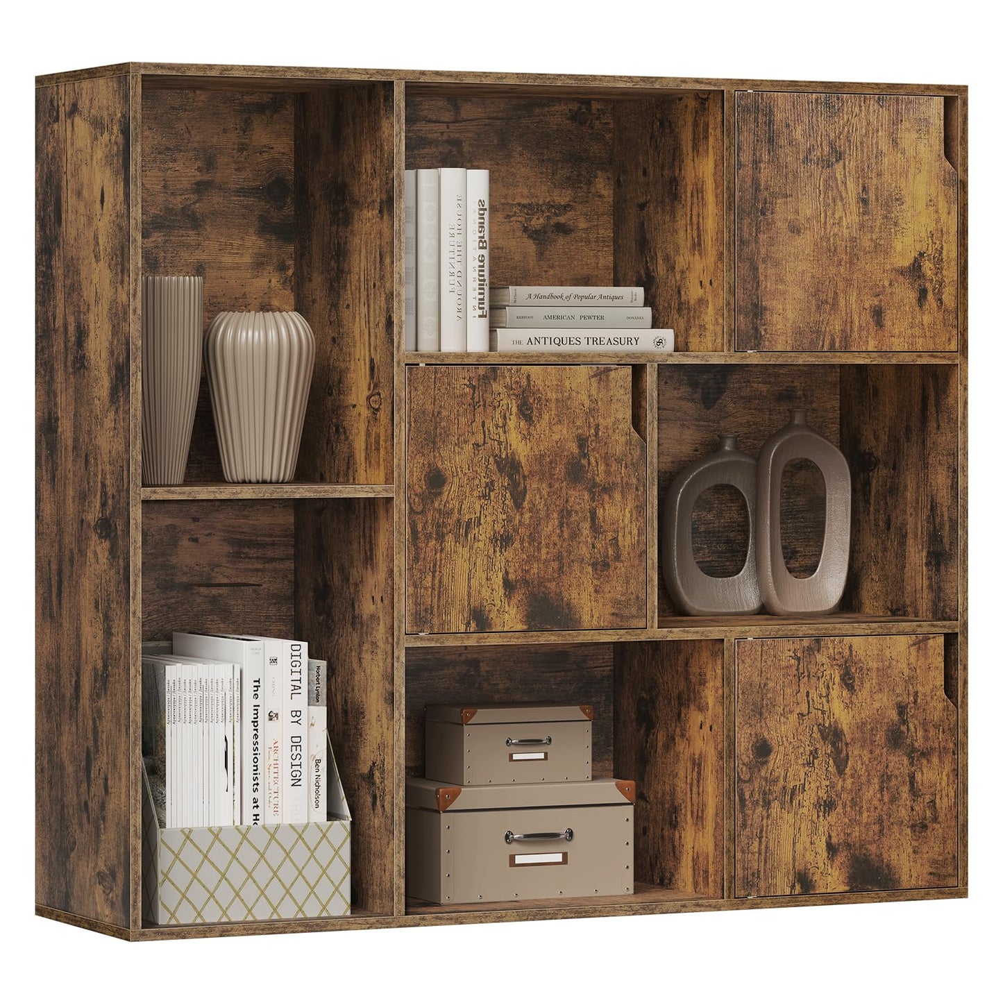 WOLTU SK056vbn boekenkast - 8 vakken - 3 deuren - 106 x 96 x 30 cm - rustiek bruin
