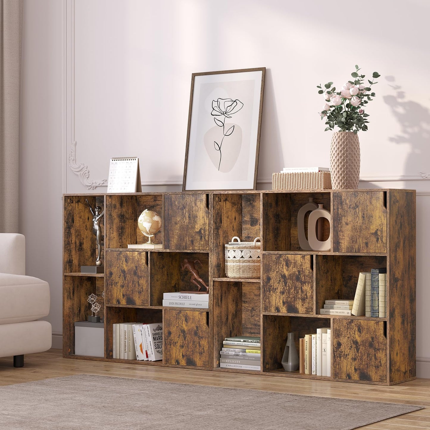 WOLTU SK056vbn boekenkast - 8 vakken - 3 deuren - 106 x 96 x 30 cm - rustiek bruin