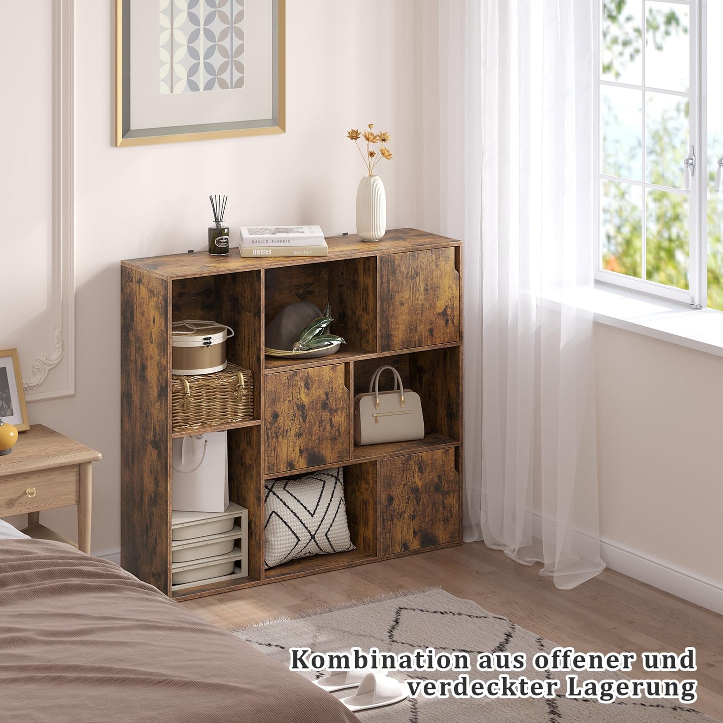 WOLTU SK056vbn boekenkast - 8 vakken - 3 deuren - 106 x 96 x 30 cm - rustiek bruin