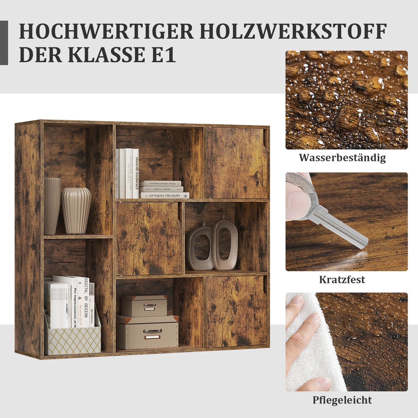 WOLTU SK056vbn boekenkast - 8 vakken - 3 deuren - 106 x 96 x 30 cm - rustiek bruin