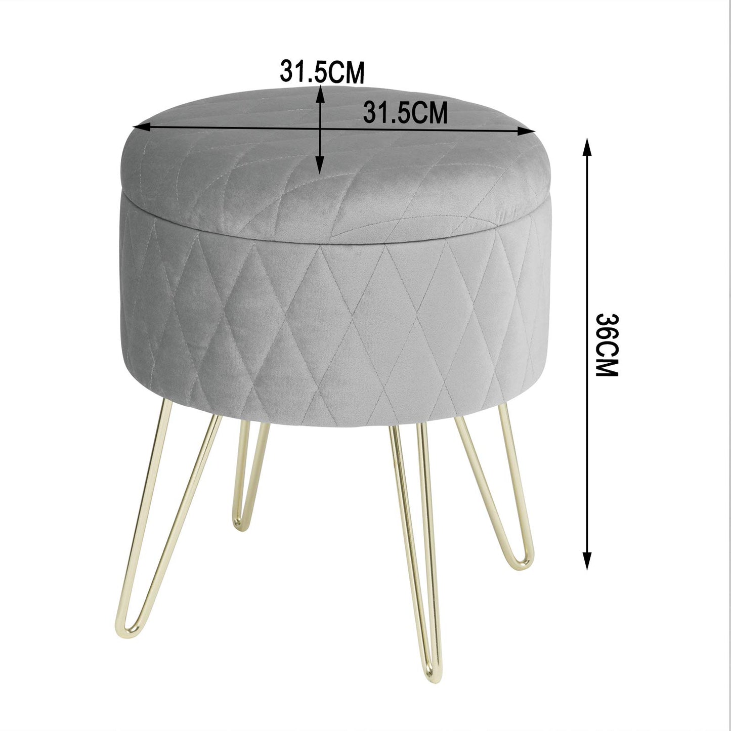 WOLTU opbergpoef - fluwelen poef met opbergruimte - gouden metalen poten - 31,5 x 31,5 x 36 cm - lichtgrijs