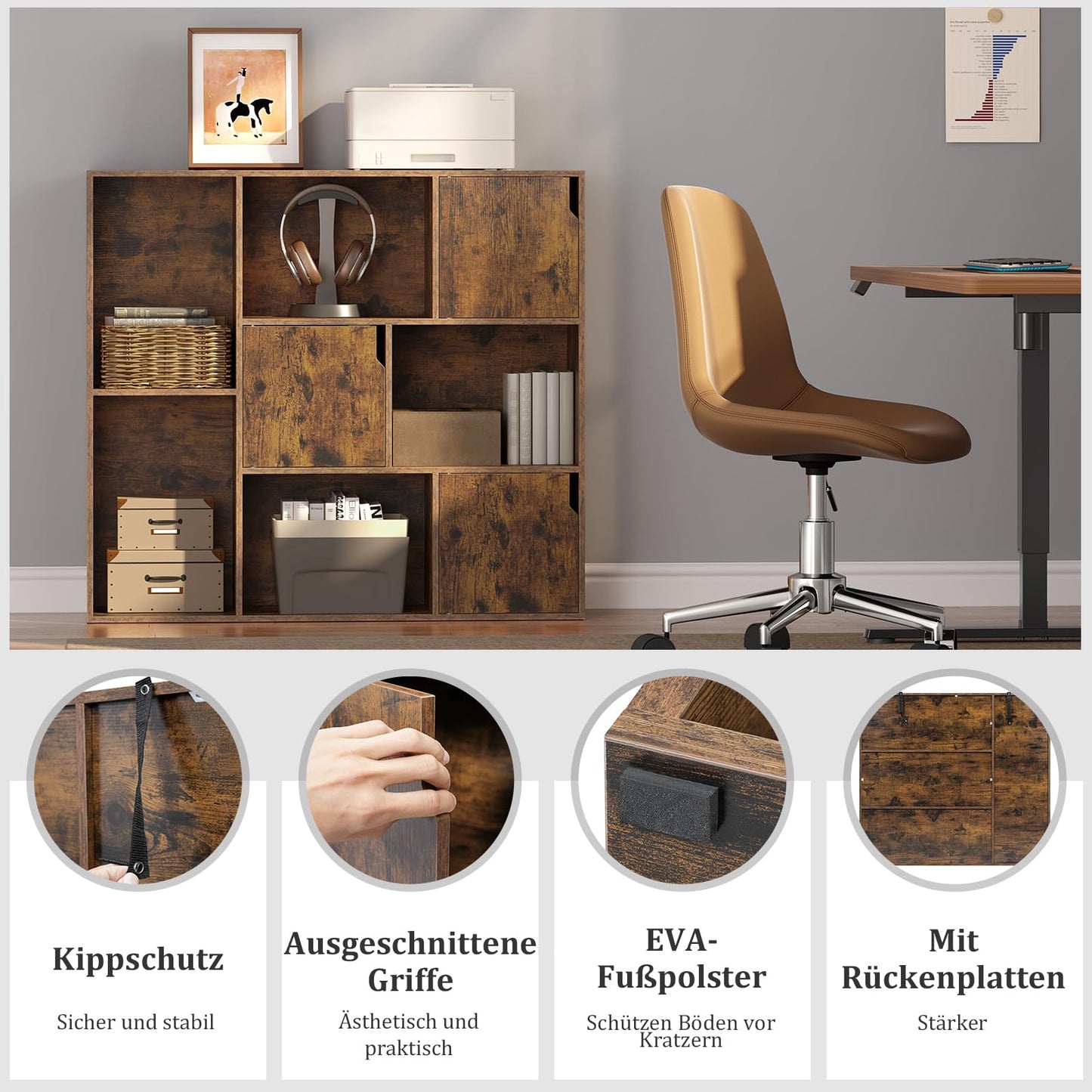 WOLTU SK056vbn boekenkast - 8 vakken - 3 deuren - 106 x 96 x 30 cm - rustiek bruin