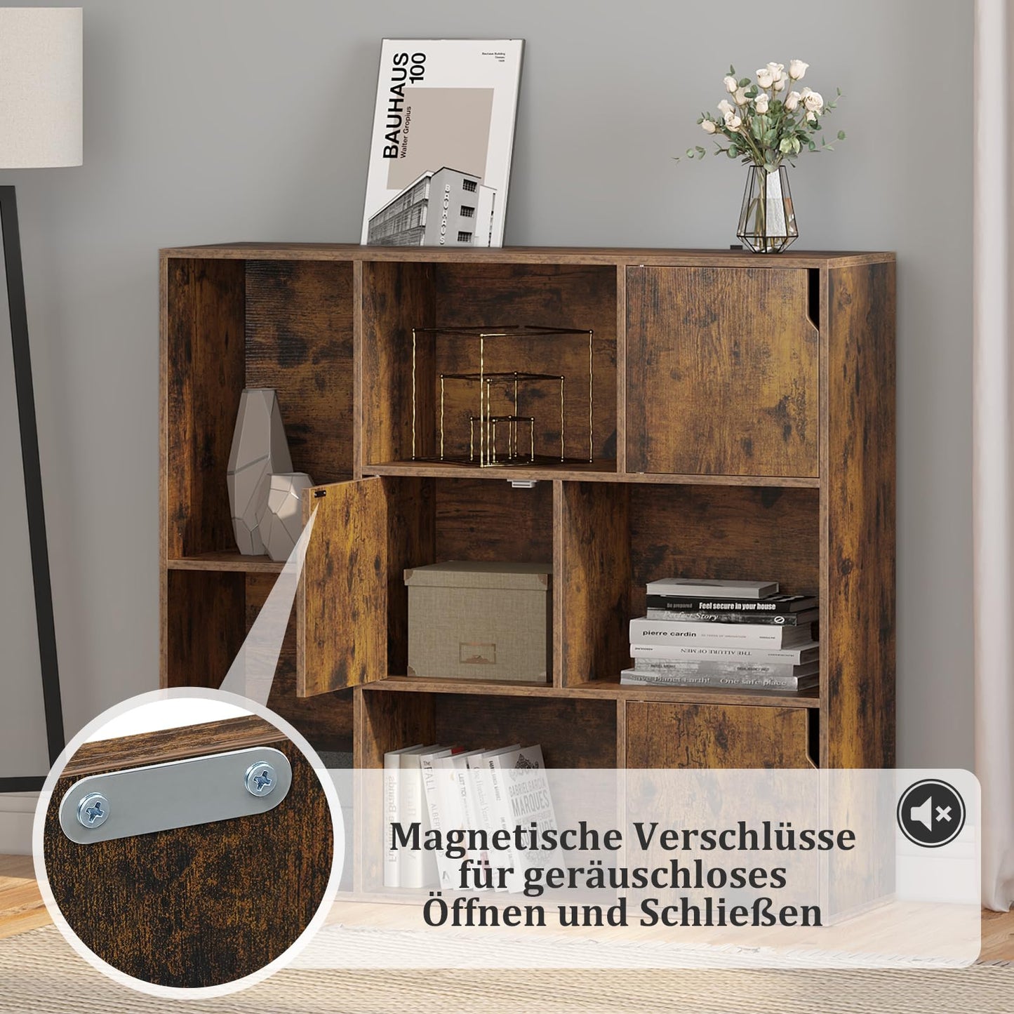 WOLTU SK056vbn boekenkast - 8 vakken - 3 deuren - 106 x 96 x 30 cm - rustiek bruin