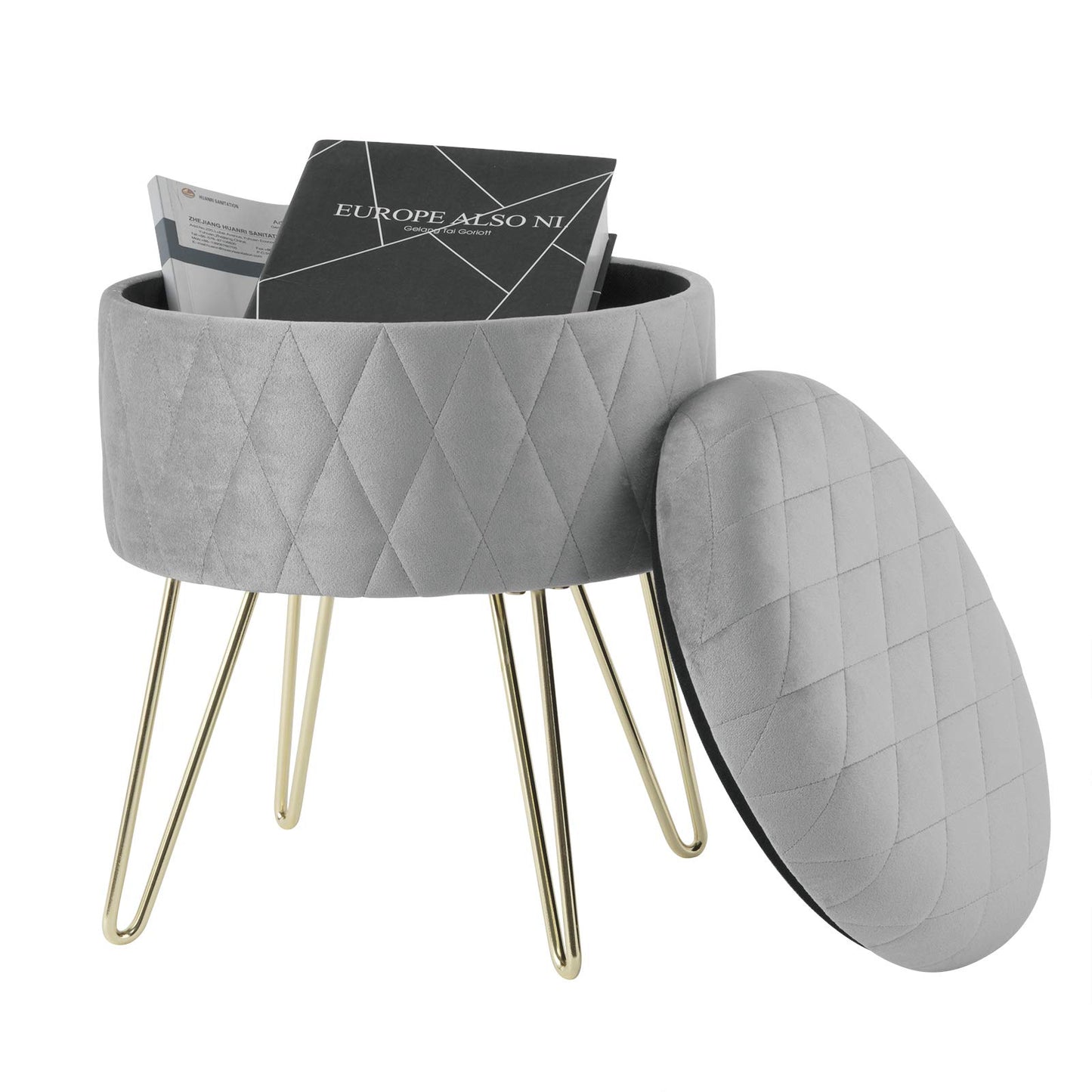 WOLTU opbergpoef - fluwelen poef met opbergruimte - gouden metalen poten - 31,5 x 31,5 x 36 cm - lichtgrijs