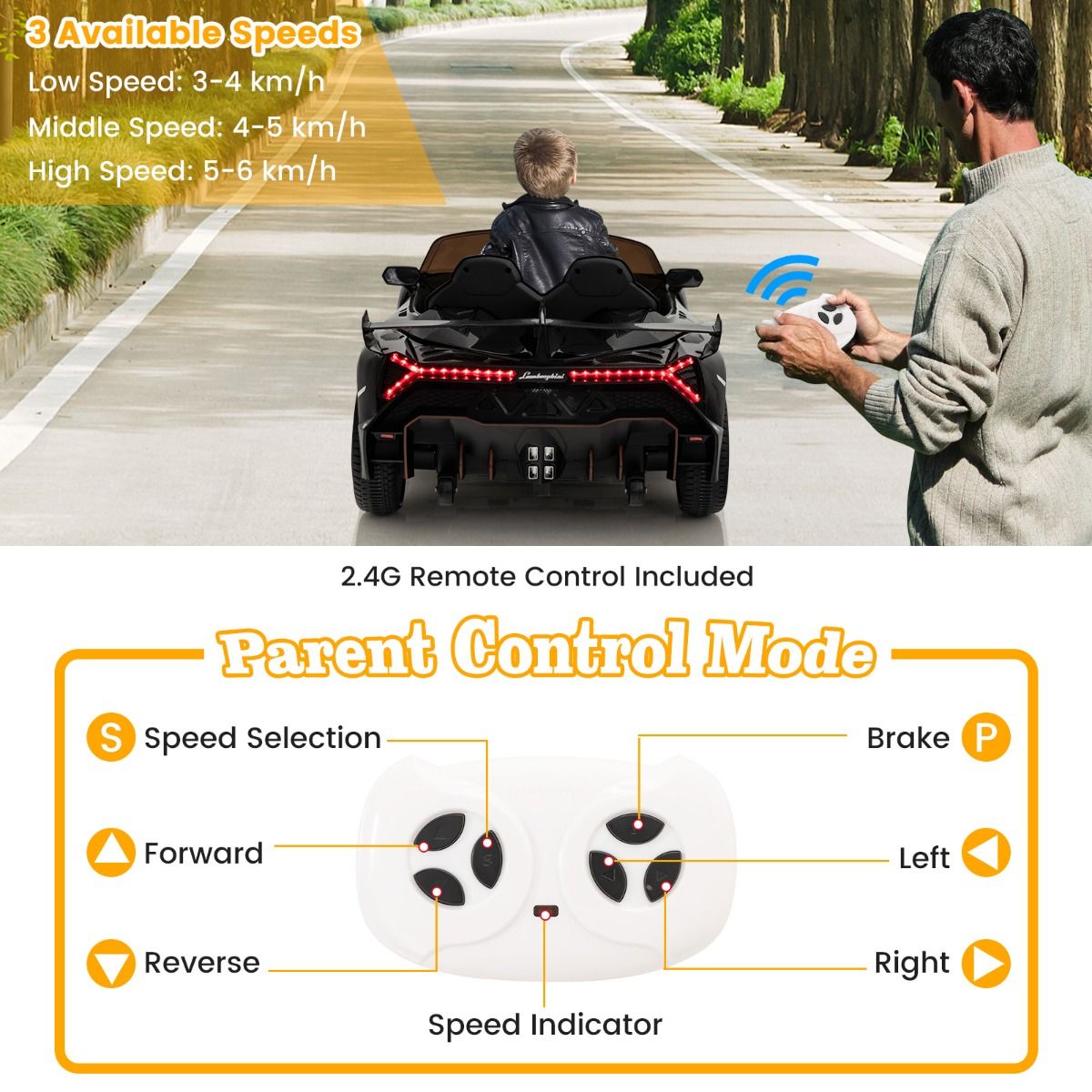Coast Lamborghini Gelicentieerde Elektrische Auto - 12V Batterij - Afstandsbediening - 3 Snelheden - Hydraulische Deuren - Zwart