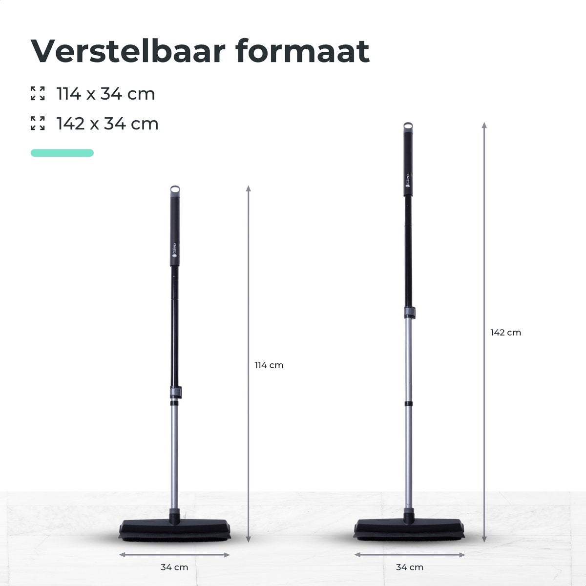 CLEANLY Rubberen Bezem met Vloertrekker 34 cm – Kappersbezem Binnen en Buiten – Verstelbare Steel 114-142 cm – Zwart/Grijs
