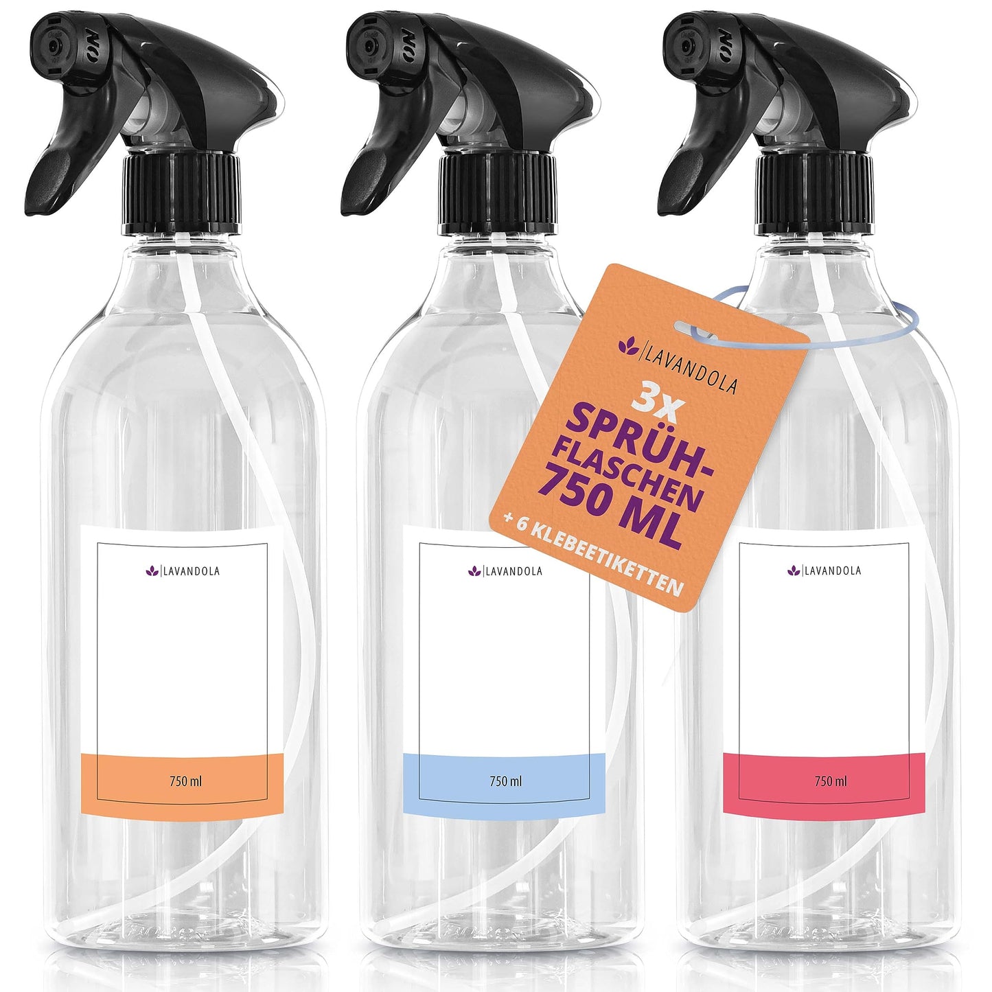 Lavandola LV-S-SF-750 - Sprayflessen set 3 stuks - 750 ml transparant PE - Fijne nevel en lekdicht