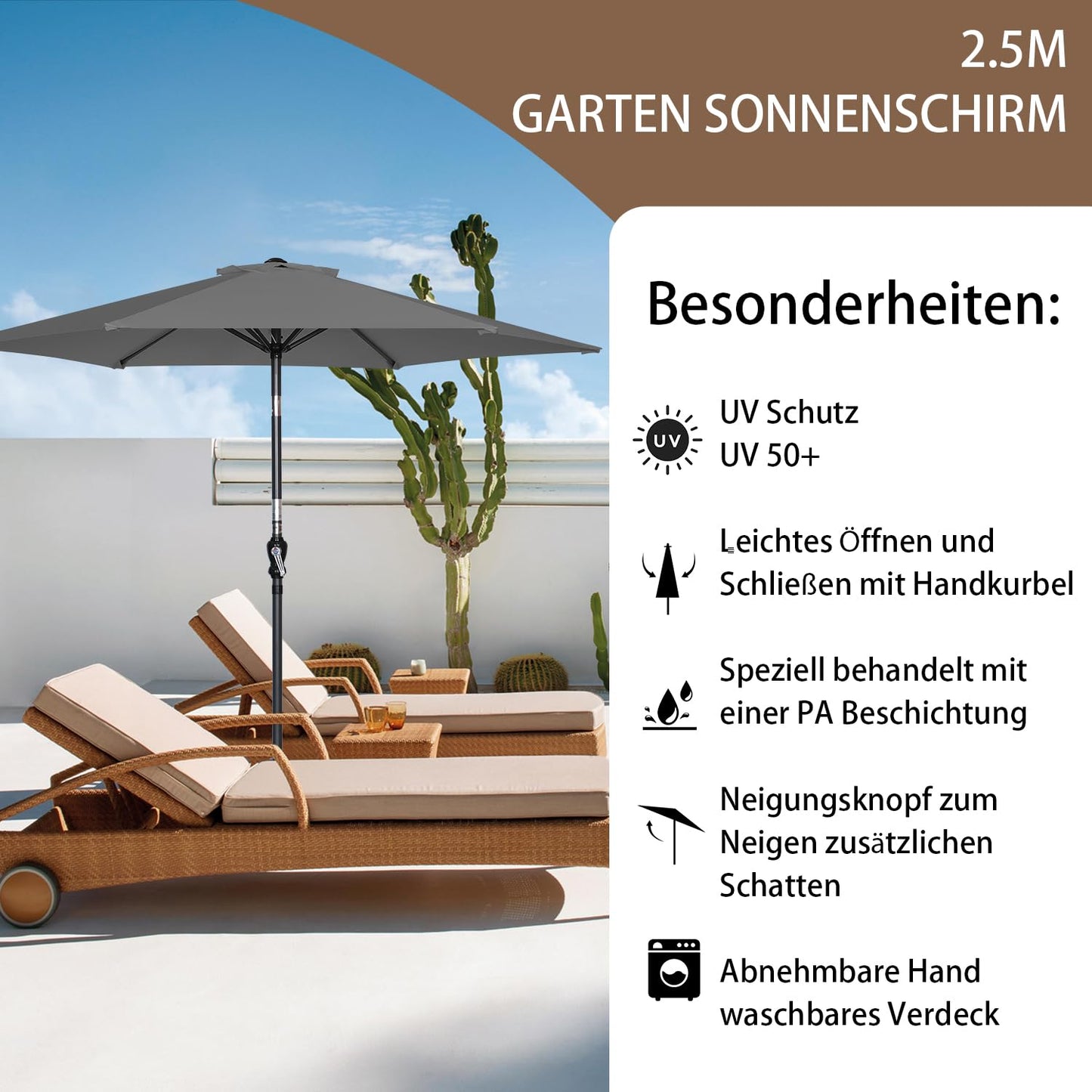 Angel Living Parasol 250 cm - ronde tuinparasol met zwengel en kantelfunctie - grijs - polyester UV 50+
