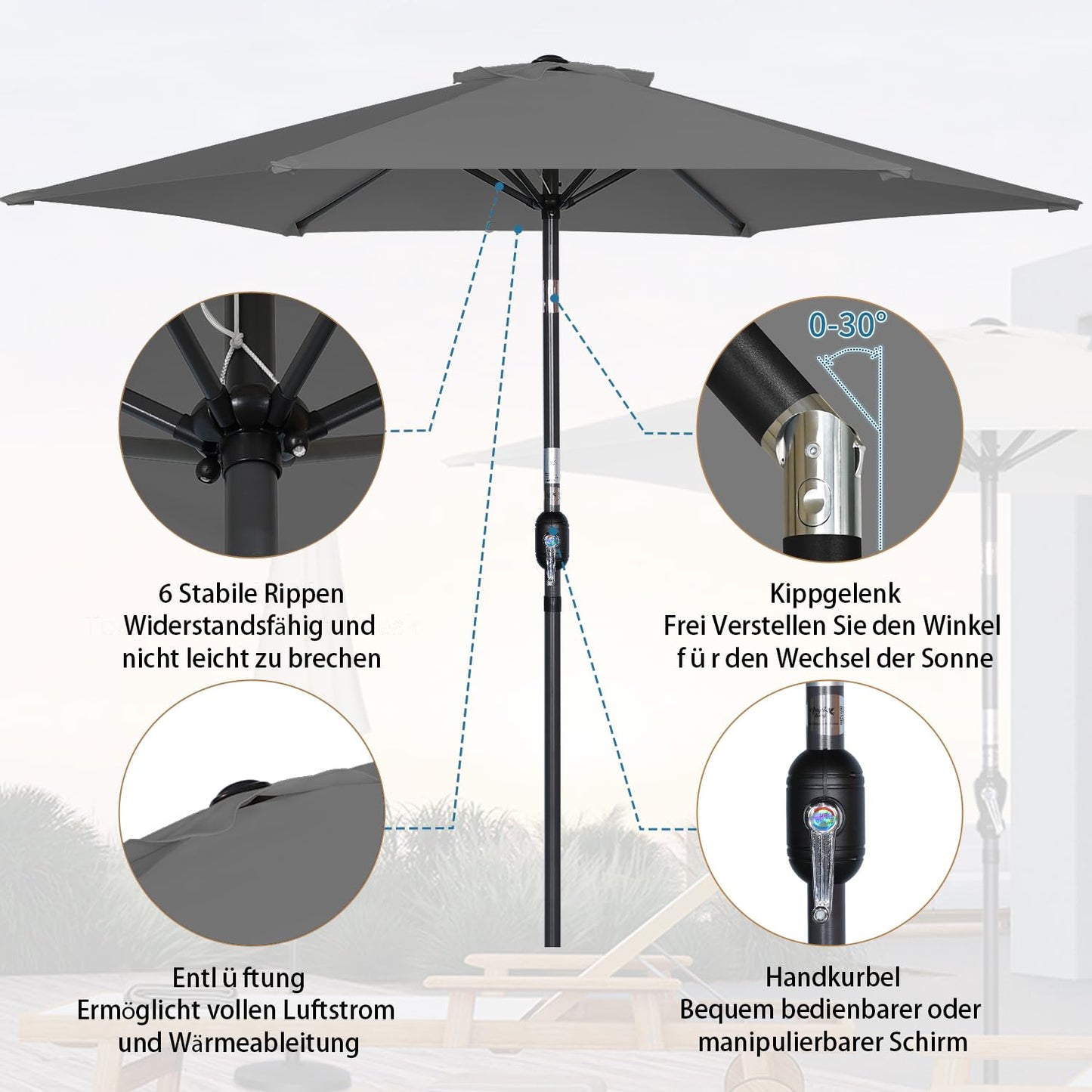 Angel Living Parasol 250 cm - ronde tuinparasol met zwengel en kantelfunctie - grijs - polyester UV 50+