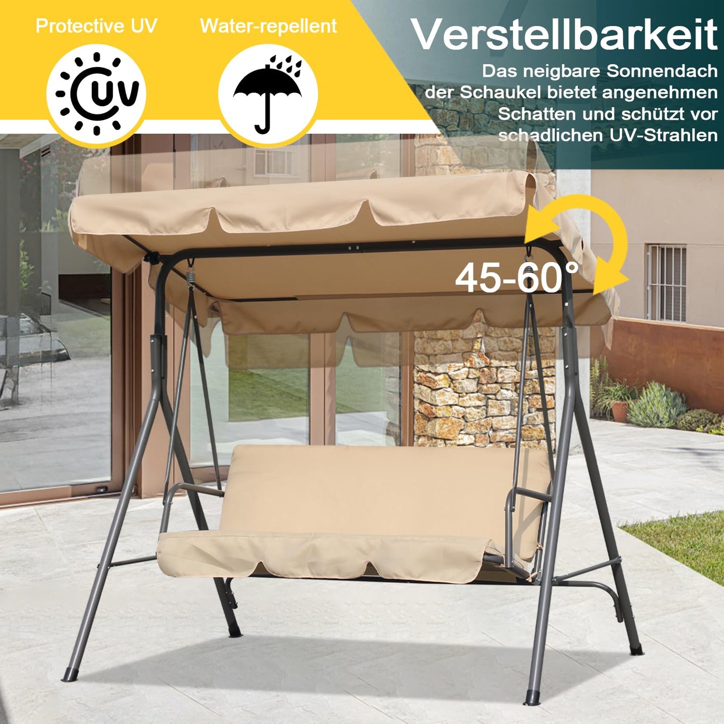 Angel Living Hollywood schommel tuinschommel 3-zits met zonnescherm - beige - ca. 170 x 110 x 152 cm