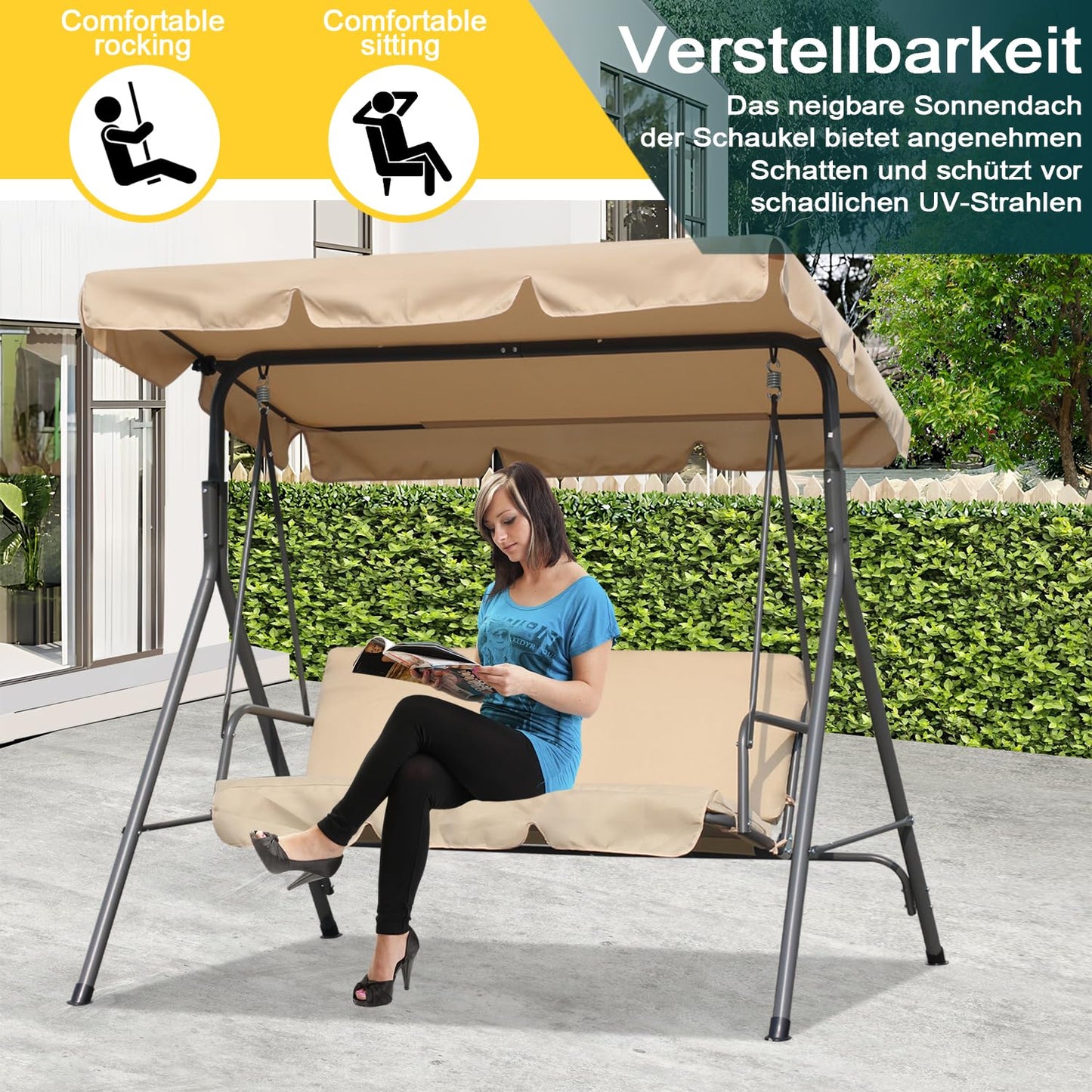 Angel Living Hollywood schommel tuinschommel 3-zits met zonnescherm - beige - ca. 170 x 110 x 152 cm
