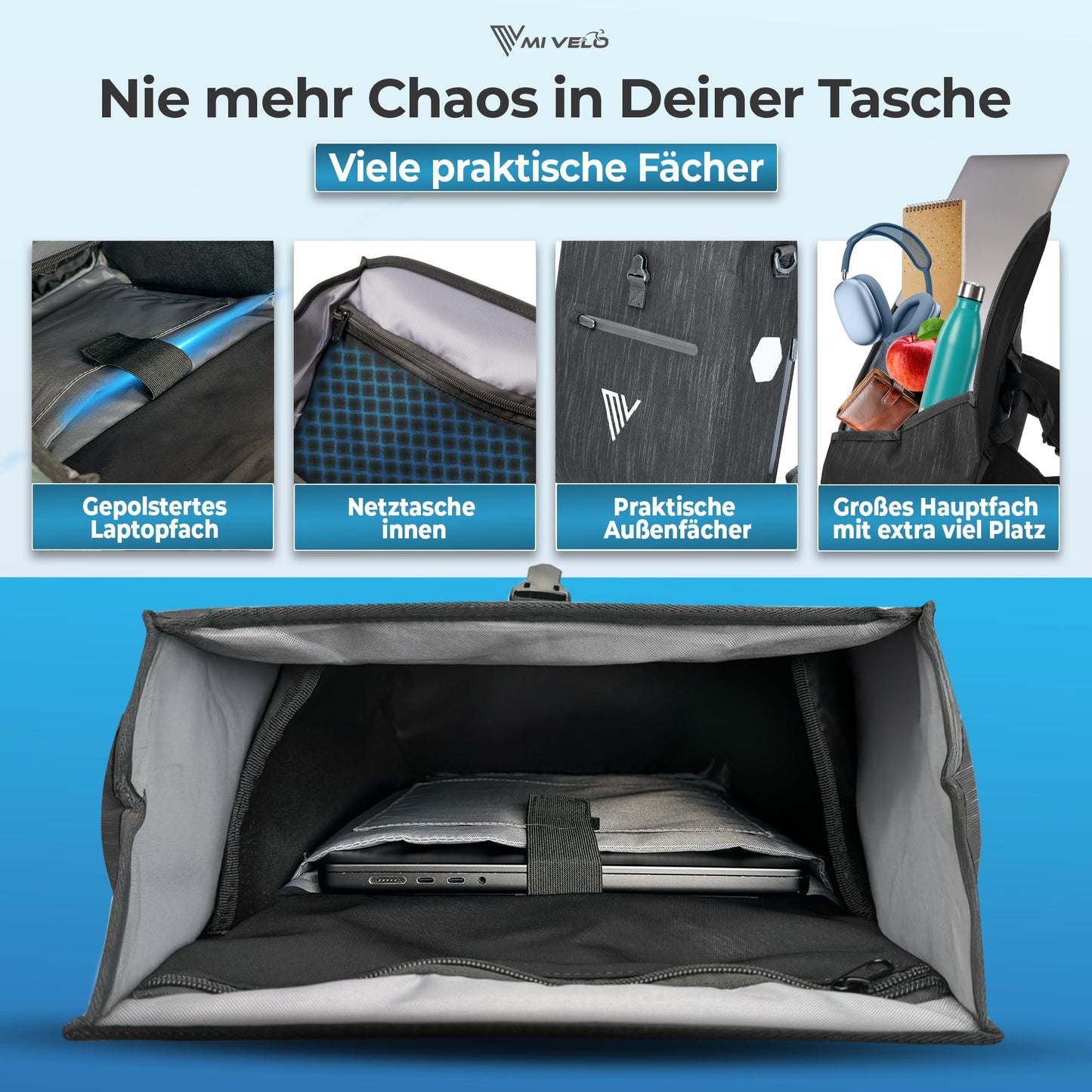 MIVELO 3 in 1 fiets tas - bagagedrager tas en rugzak - 20 liter grafiet - waterdicht - gevoerd laptopvak - reflectoren