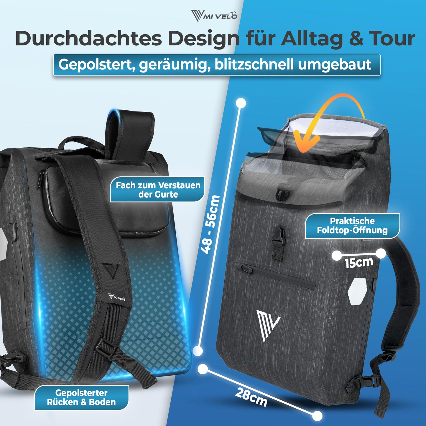 MIVELO 3 in 1 fiets tas - bagagedrager tas en rugzak - 20 liter grafiet - waterdicht - gevoerd laptopvak - reflectoren