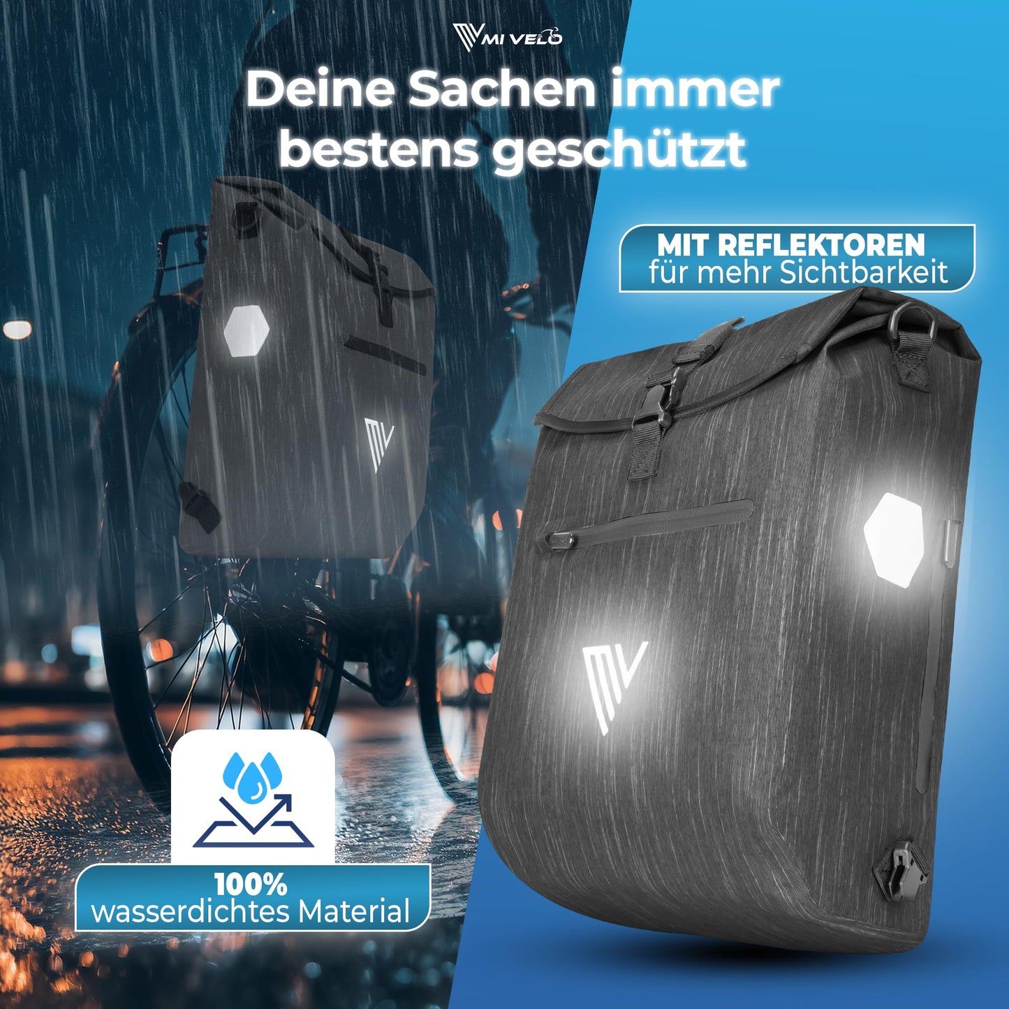 MIVELO 3 in 1 fiets tas - bagagedrager tas en rugzak - 20 liter grafiet - waterdicht - gevoerd laptopvak - reflectoren