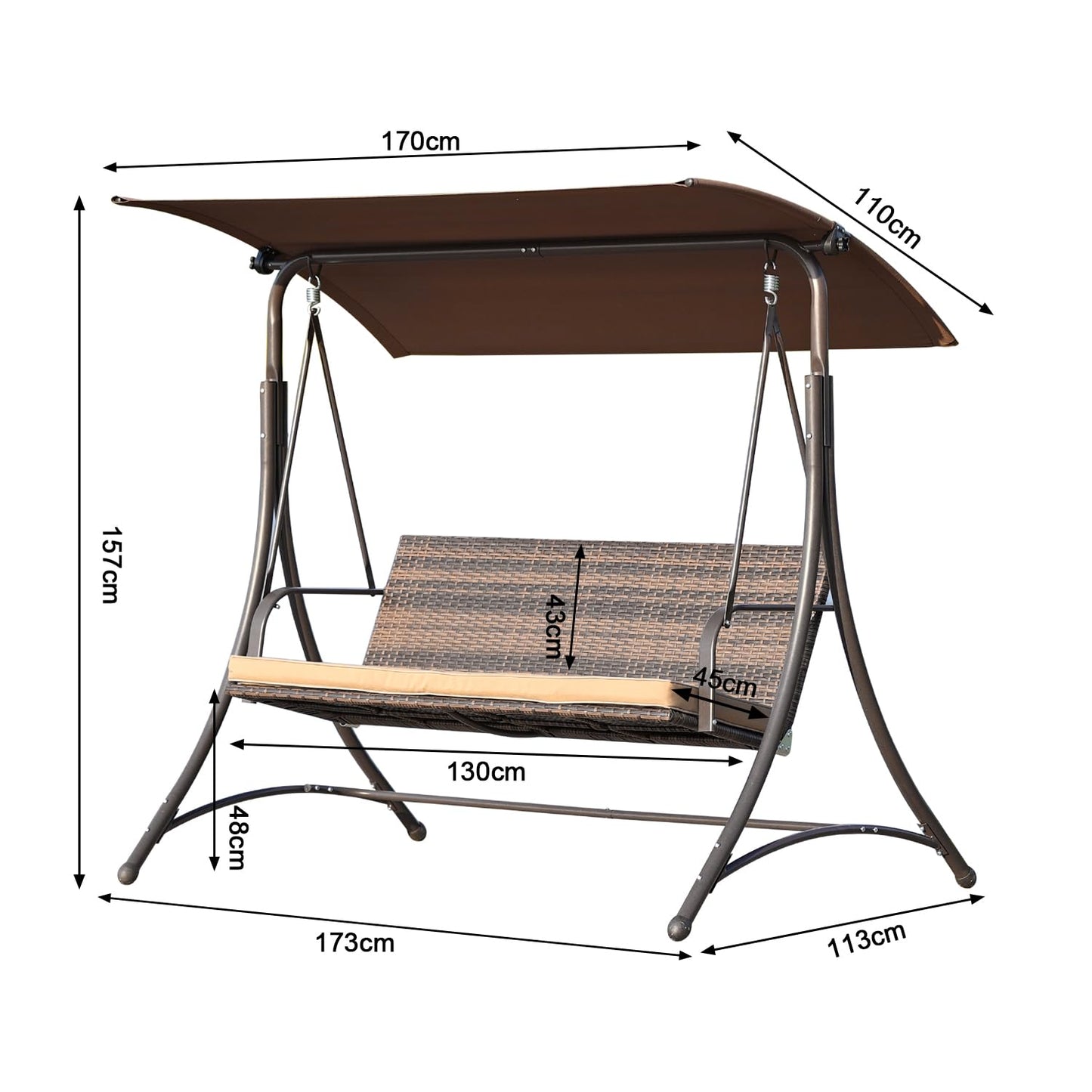 Angel Living - Hollywood schommel - rotan tuinschommel 3 zits - verstelbare zonneluifel - bruin - 170 x 110 x 152 cm