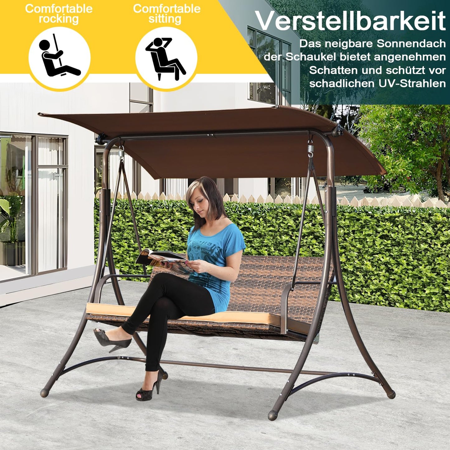 Angel Living - Hollywood schommel - rotan tuinschommel 3 zits - verstelbare zonneluifel - bruin - 170 x 110 x 152 cm