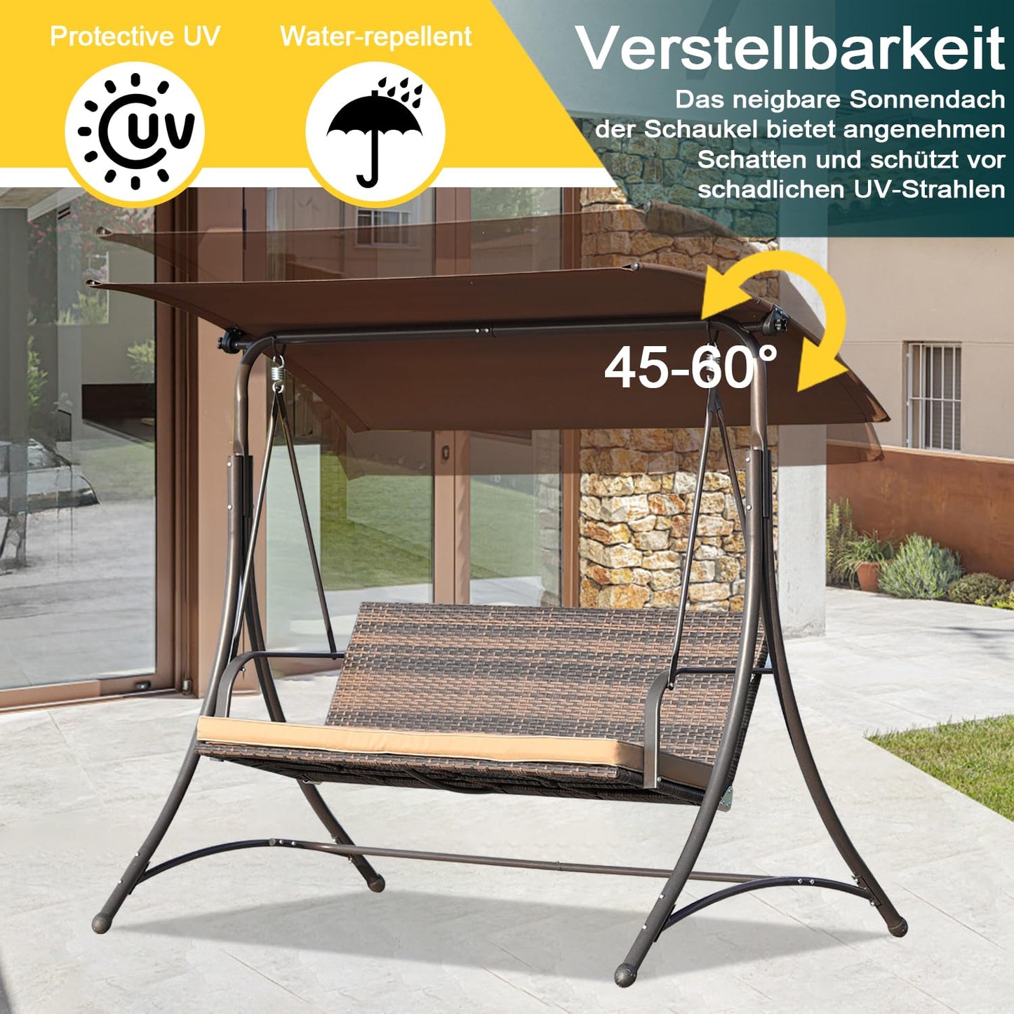 Angel Living - Hollywood schommel - rotan tuinschommel 3 zits - verstelbare zonneluifel - bruin - 170 x 110 x 152 cm