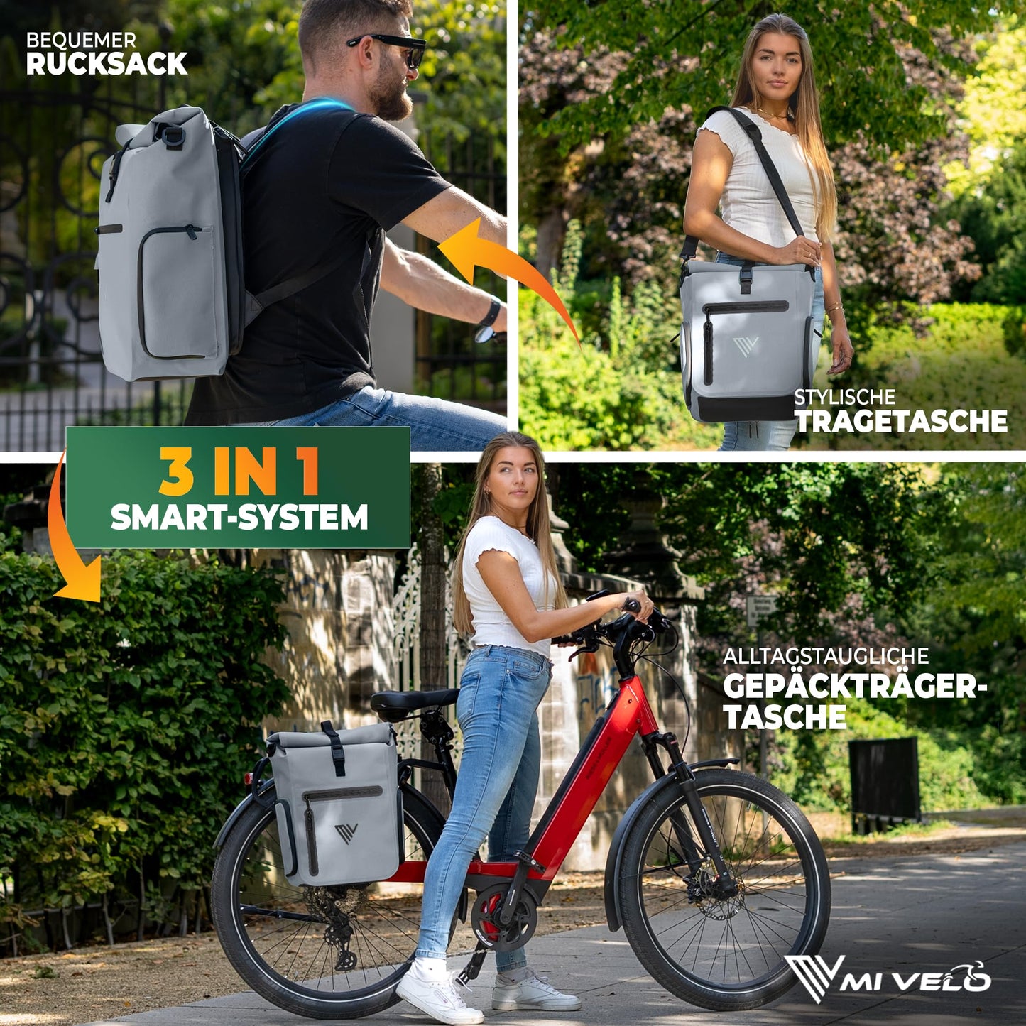 MIVELO EVO 25L 3 in 1 fietstas voor bagagedrager - rugzak en schoudertas - 100% waterdicht en volledig reflecterend