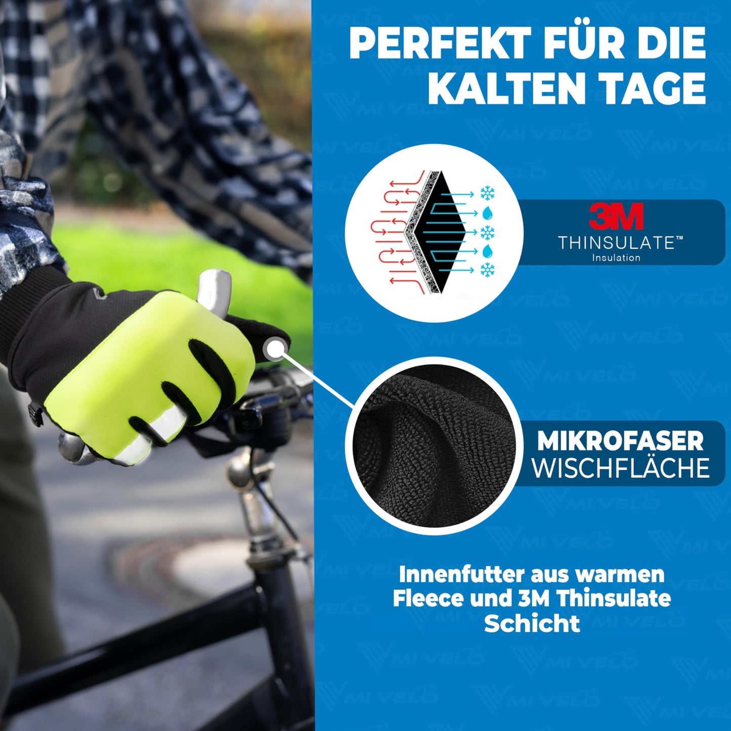 MIVELO heren fiets handschoenen winter - thermo fleece - waterdicht en winddicht - touchscreen geschikt - geel - XXL
