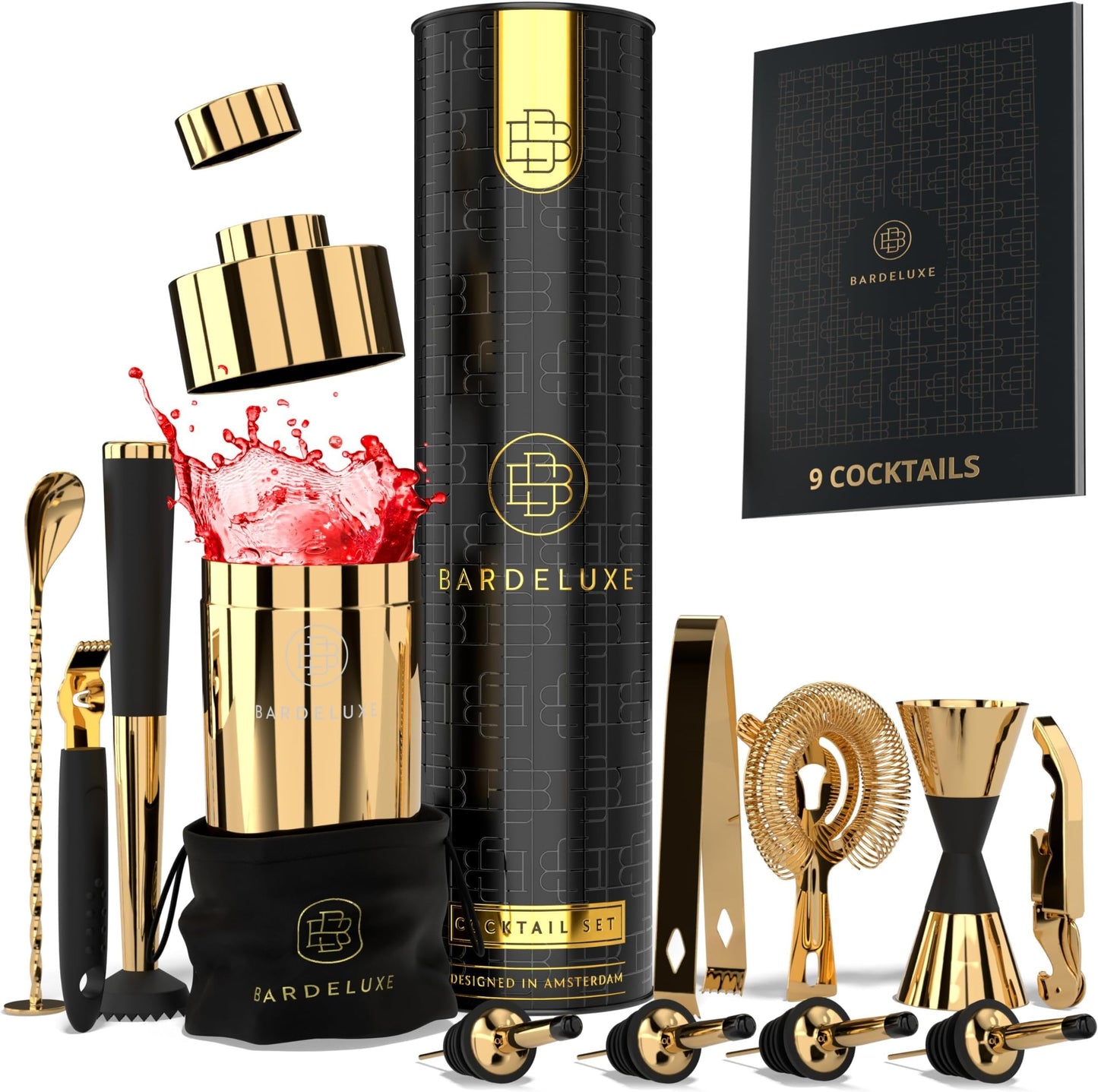 BarDeluxe® cocktail set - 12-delig bartender set met 750 ml rvs shaker - goud - incl receptboekje en opbergtasje