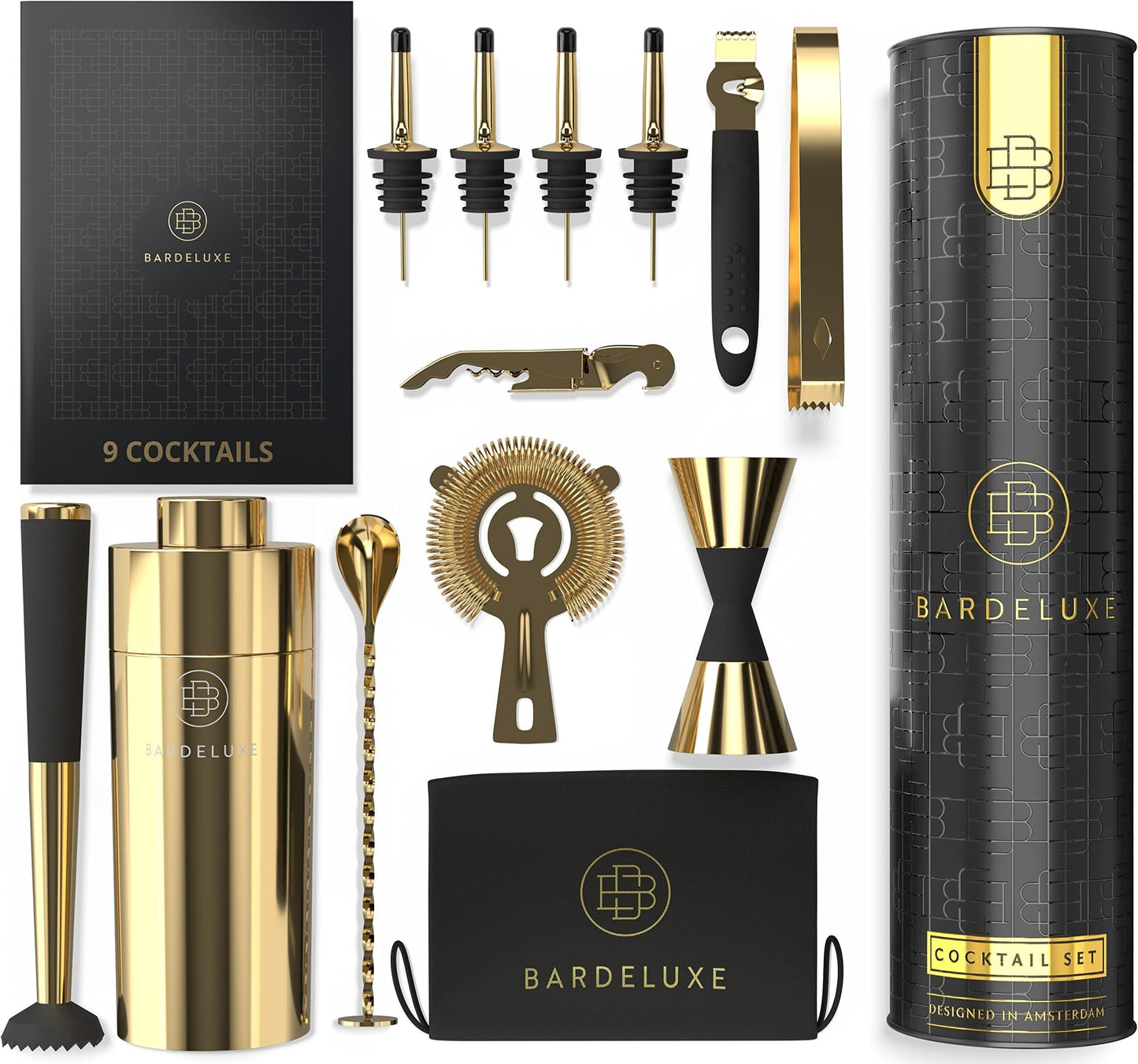 BarDeluxe® cocktail set - 12-delig bartender set met 750 ml rvs shaker - goud - incl receptboekje en opbergtasje