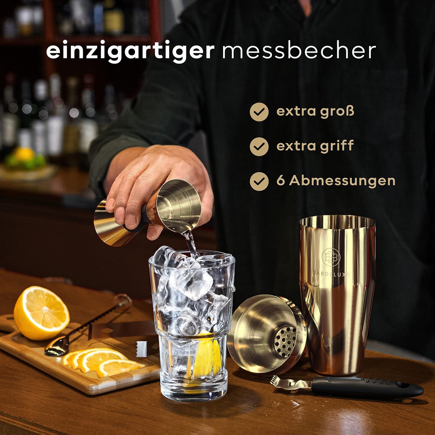 BarDeluxe® cocktail set - 12-delig bartender set met 750 ml rvs shaker - goud - incl receptboekje en opbergtasje