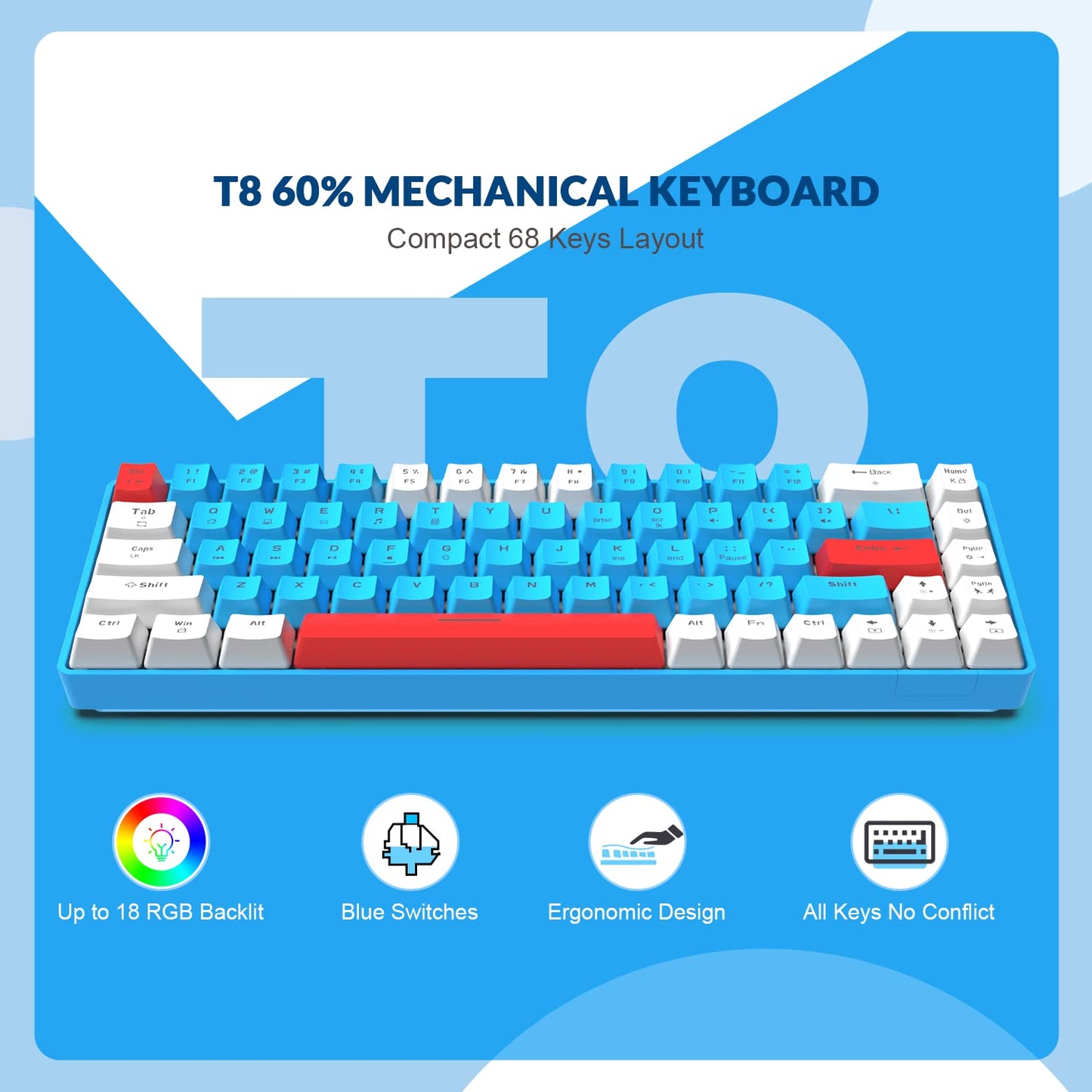 YINDIAO T8 60% gaming keyboard, 68 keys, compact, wired, mechanical mini keyboard with 18 Chroma RGB backlight, red switches, USB-C coiled keyboard cable, for PC, Mac — light grey