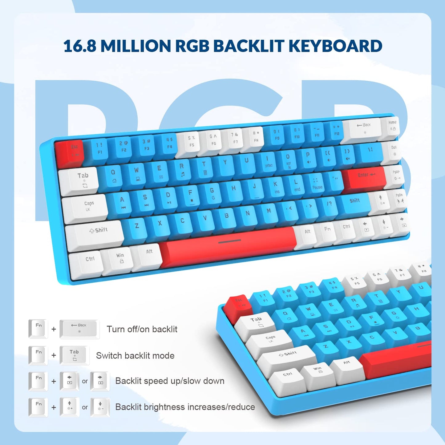 YINDIAO T8 60% gaming keyboard, 68 keys, compact, wired, mechanical mini keyboard with 18 Chroma RGB backlight, red switches, USB-C coiled keyboard cable, for PC, Mac — light grey
